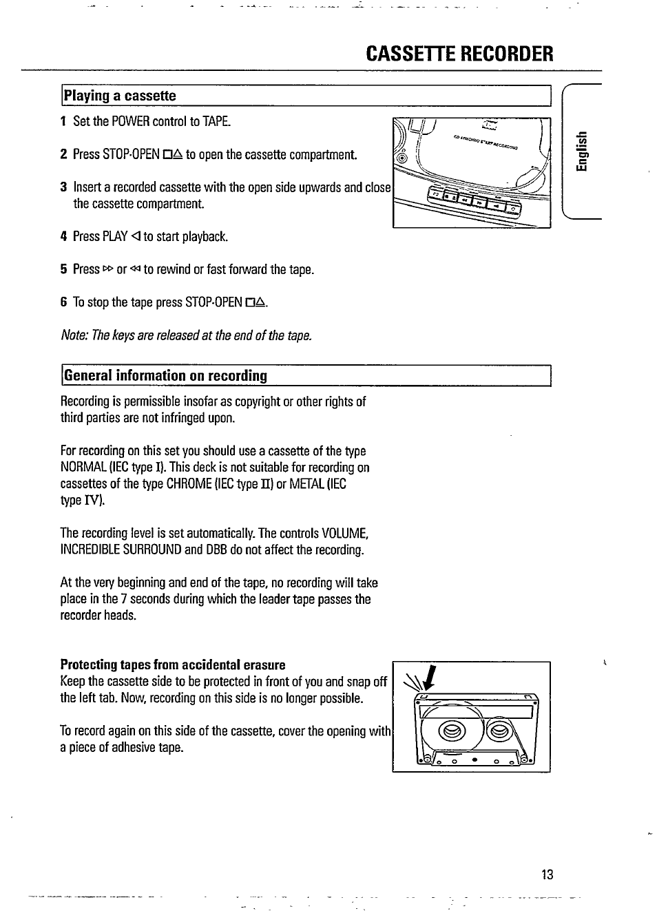 Cassehe recorder, Playing a cassette, General information on recording | Cassette recorder -14, Platine cassette -28 | Philips AZ1207-17 User Manual | Page 13 / 20