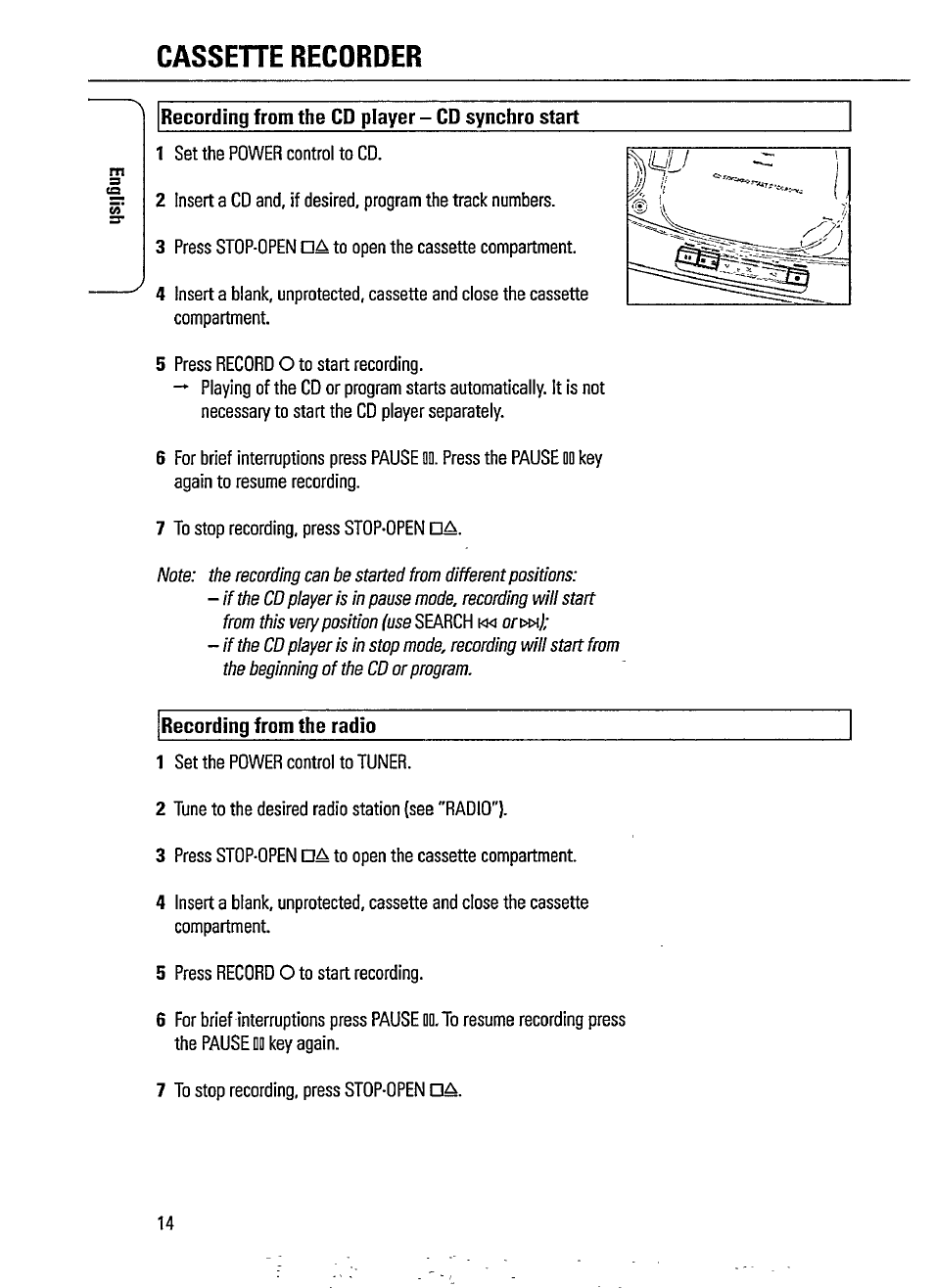 Cassehe recorder, Recording from the cd player - cd synchro start, Recording from the radio | Philips AZ1207-17 User Manual | Page 14 / 20