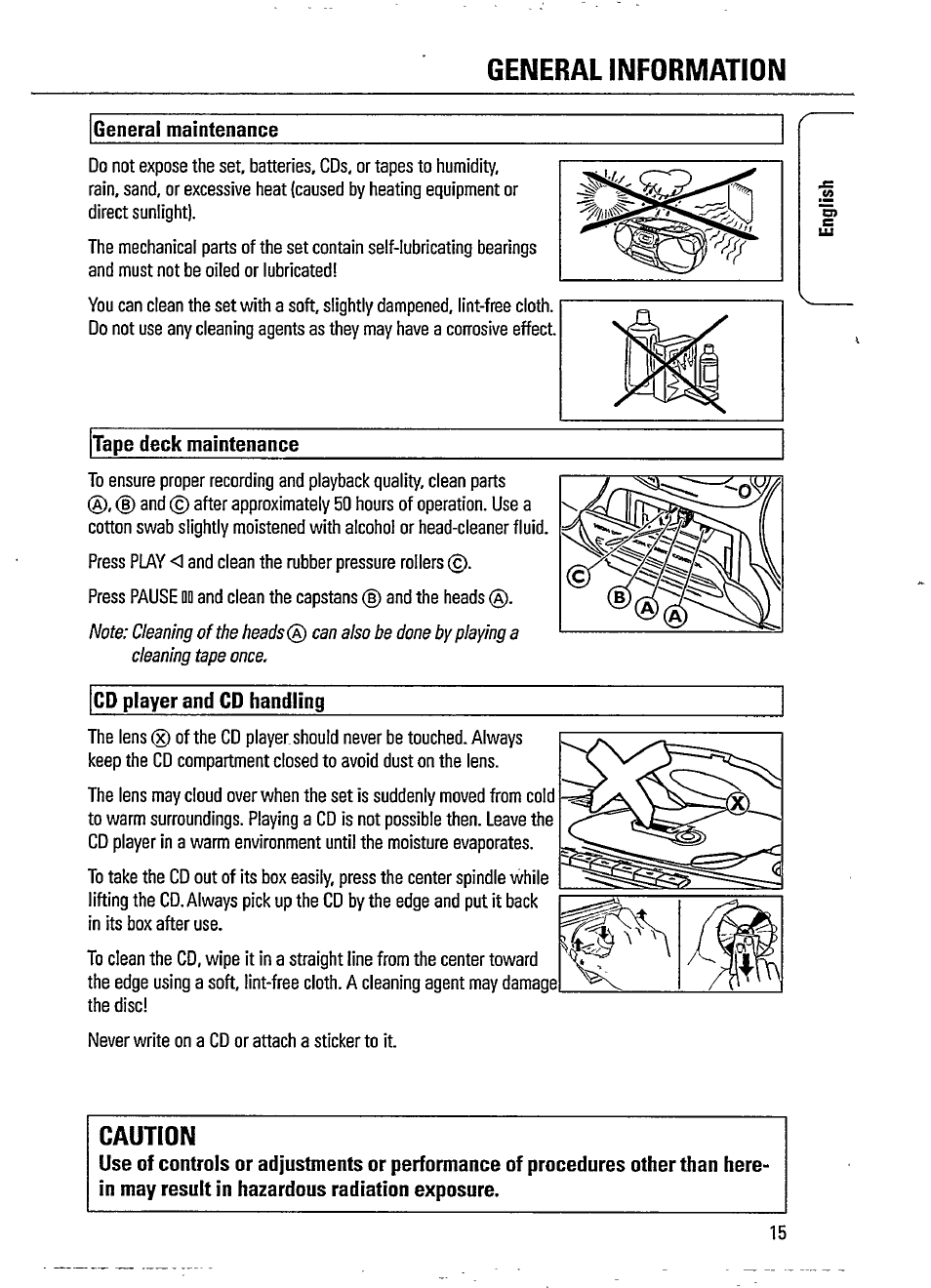 General maintenance, Tape deck maintenance, Cd player and cd handling | Caution, General information | Philips AZ1207-17 User Manual | Page 15 / 20