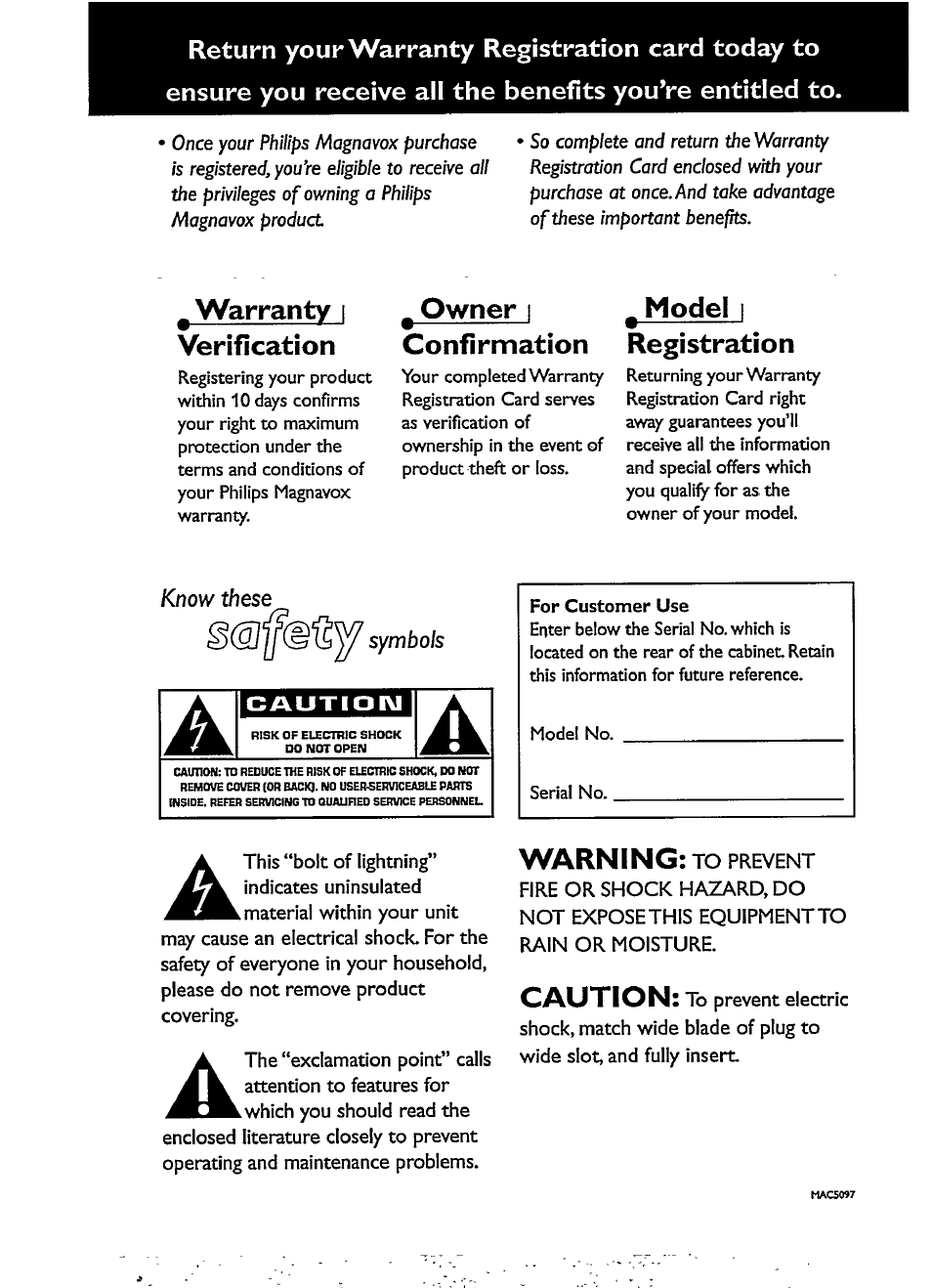 Warranty i verification, Owner i confirmation, Model i registration | Warning, Caution | Philips AZ1207-17 User Manual | Page 2 / 20