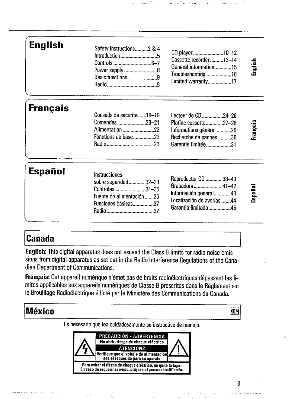 English français español, Canada, México | Philips AZ1207-17 User Manual | Page 3 / 20