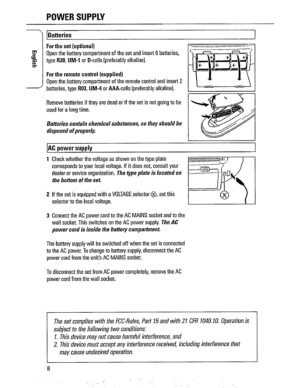 Power supply, Batteries, Ac power supply | Philips AZ1207-17 User Manual | Page 8 / 20