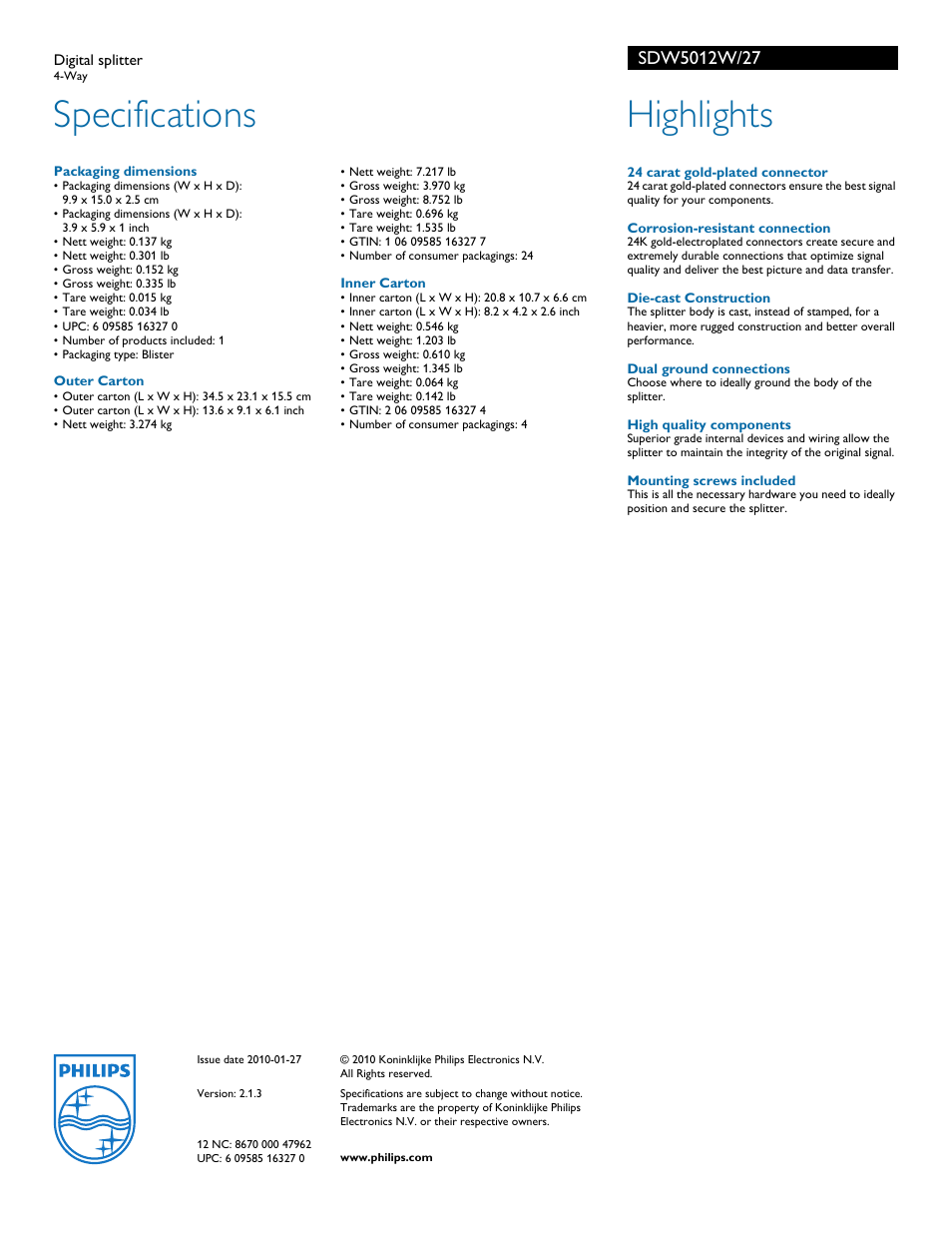 Specifications, Highlights | Philips SDW5012W-27 User Manual | Page 2 / 2