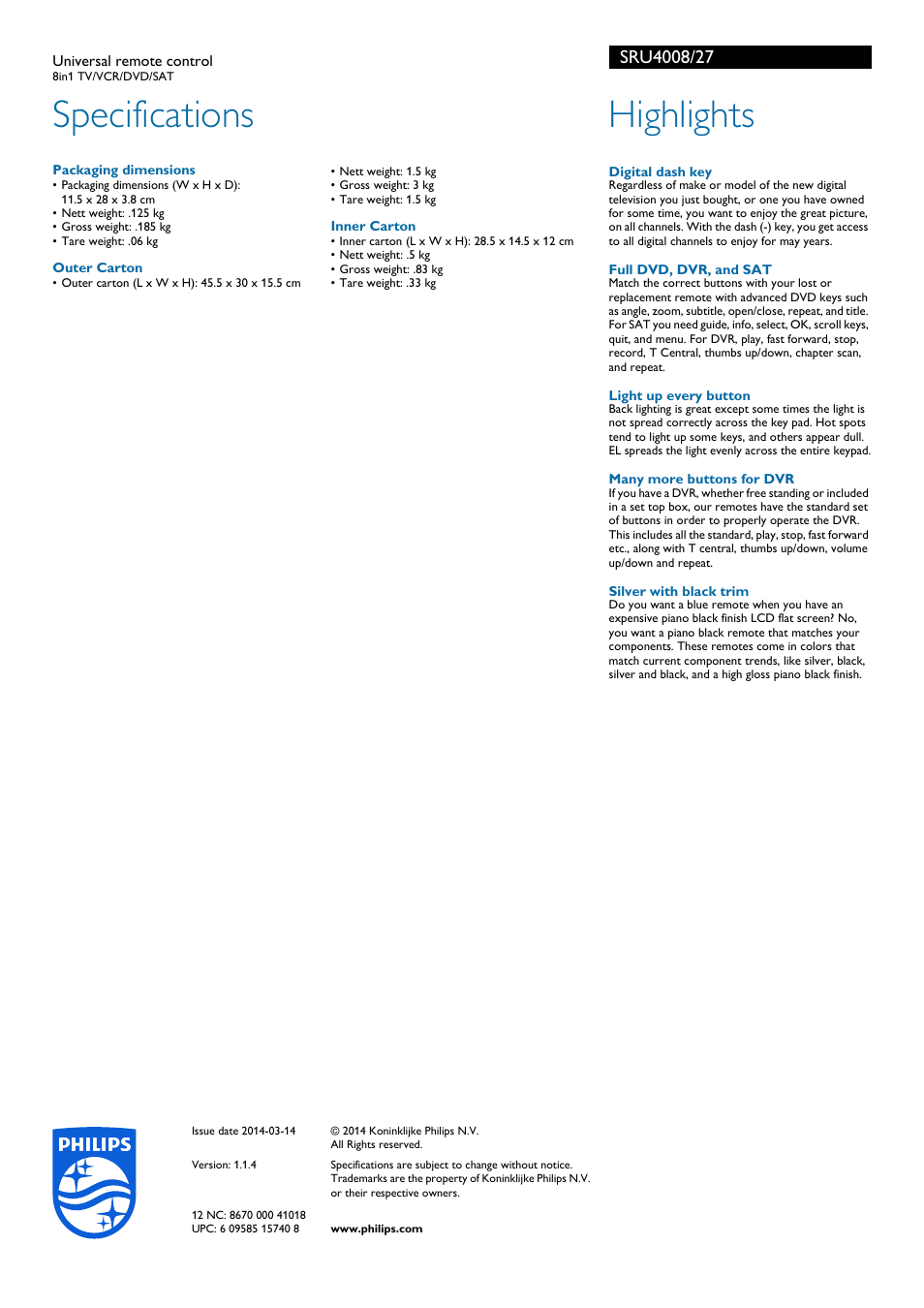 Specifications, Highlights | Philips SRU4008-27 User Manual | Page 2 / 2