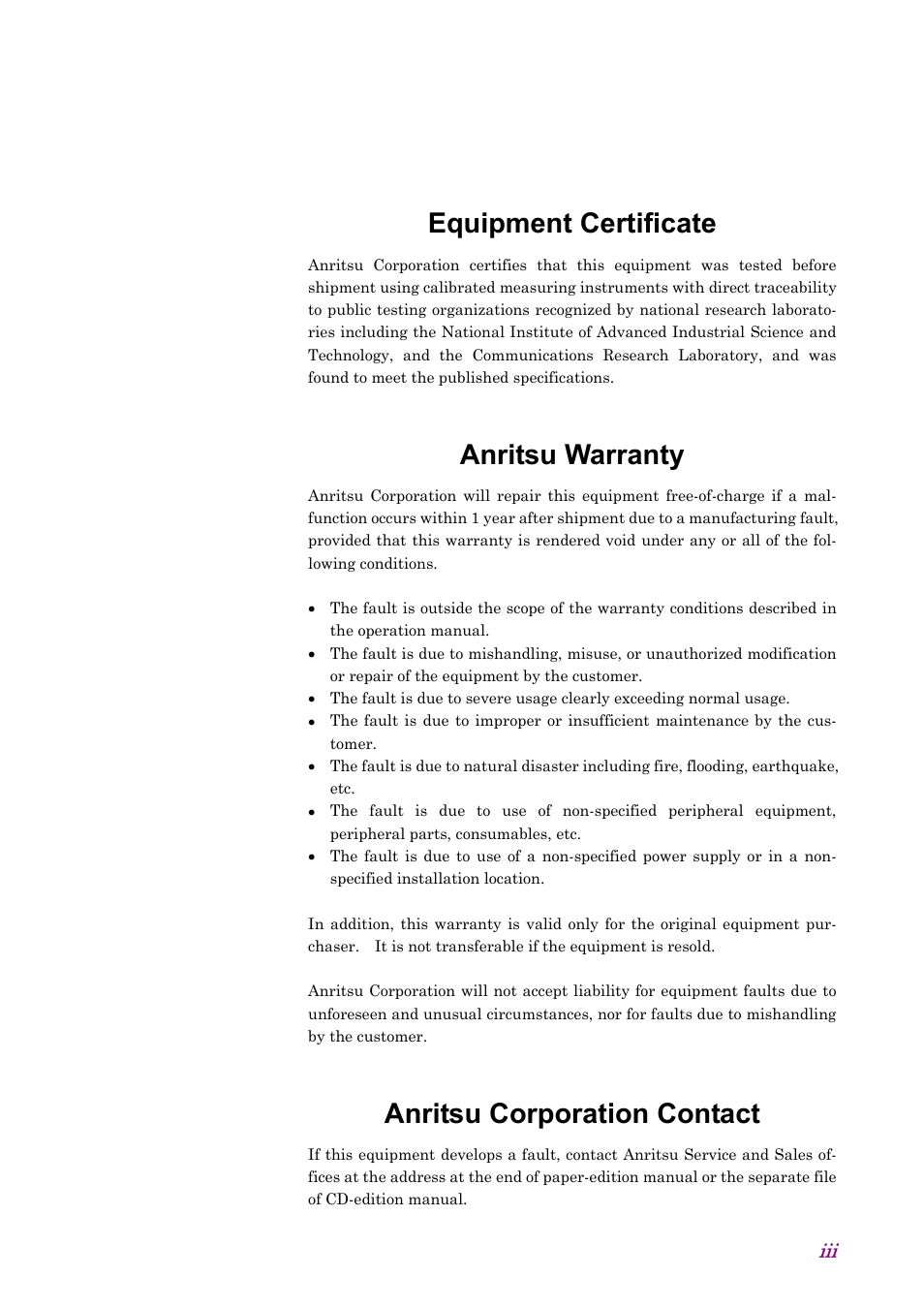 Equipment certificate, Anritsu warranty, Anritsu corporation contact | Anritsu AWGN MU368060A User Manual | Page 3 / 82