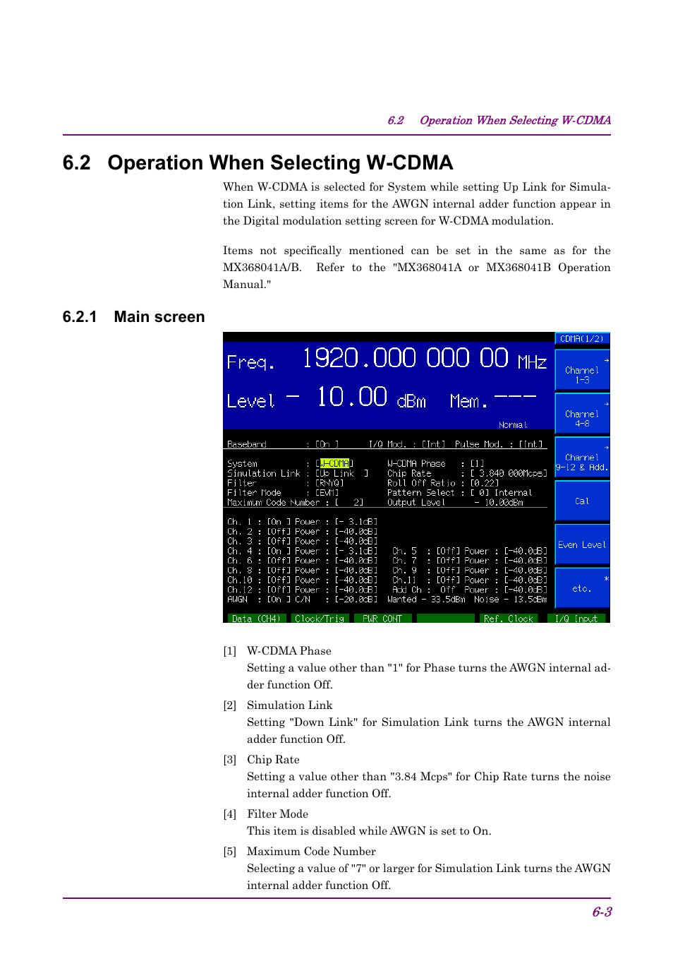 2 operation when selecting w-cdma, 1 main screen | Anritsu AWGN MU368060A User Manual | Page 35 / 82