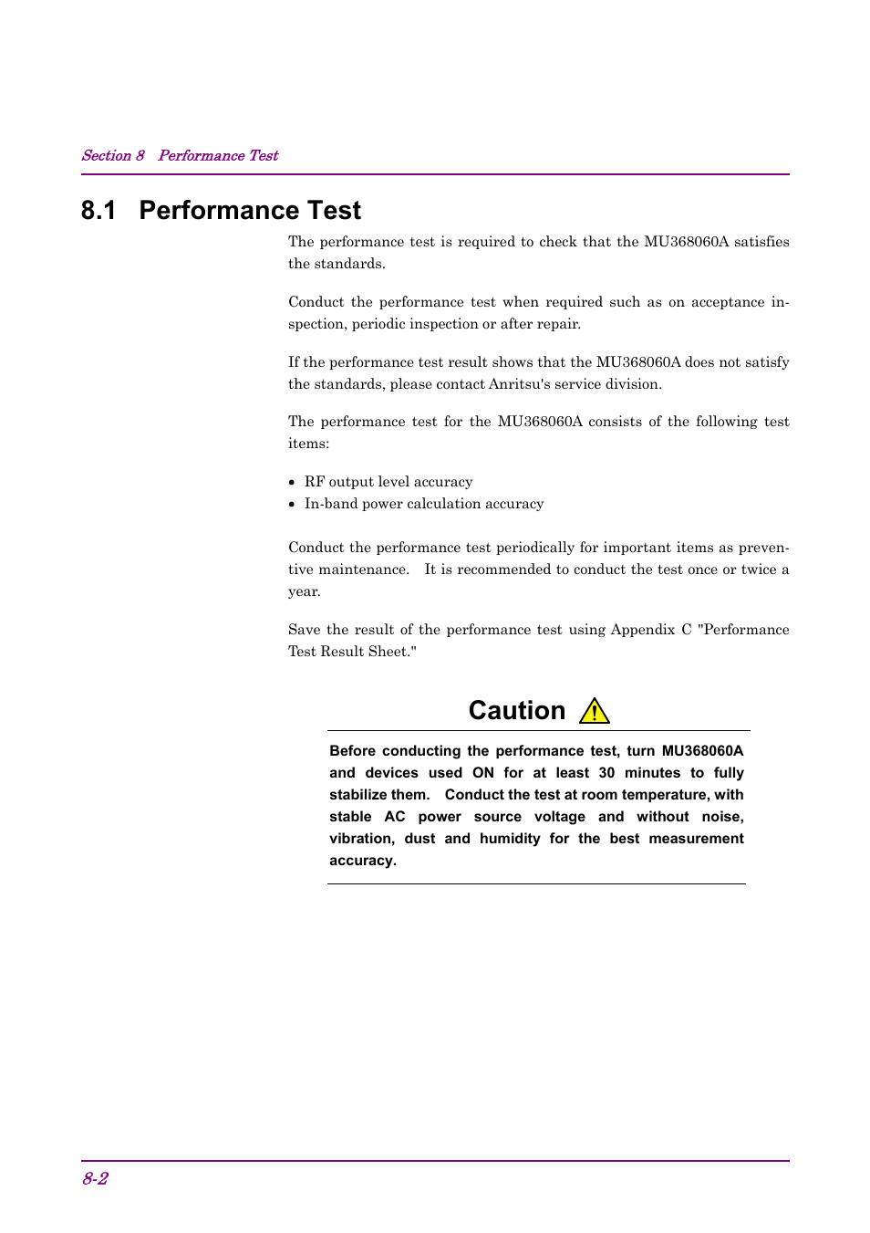 1 performance test, Caution | Anritsu AWGN MU368060A User Manual | Page 68 / 82
