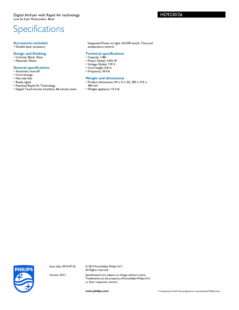 Specifications | Philips HD9230-26 User Manual | Page 3 / 3