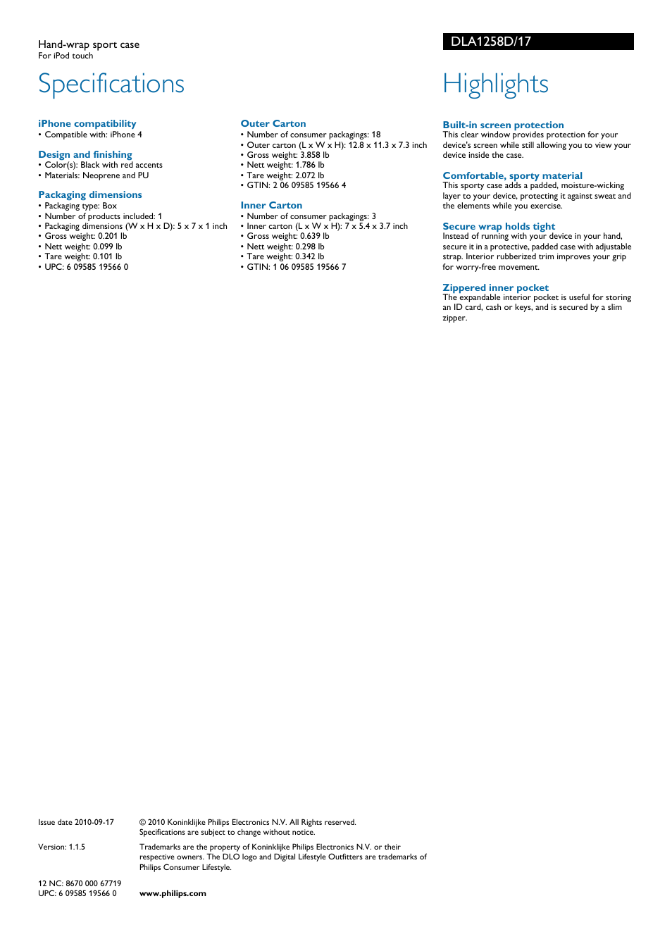 Specifications, Highlights | Philips DLA1258D-17 User Manual | Page 2 / 2