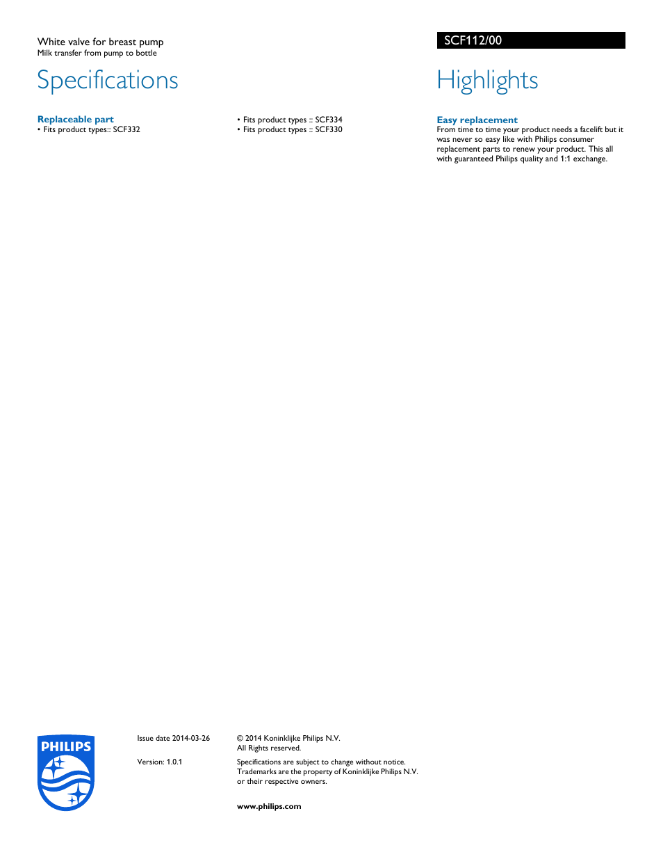Specifications, Highlights | Philips SCF112-00 User Manual | Page 2 / 2