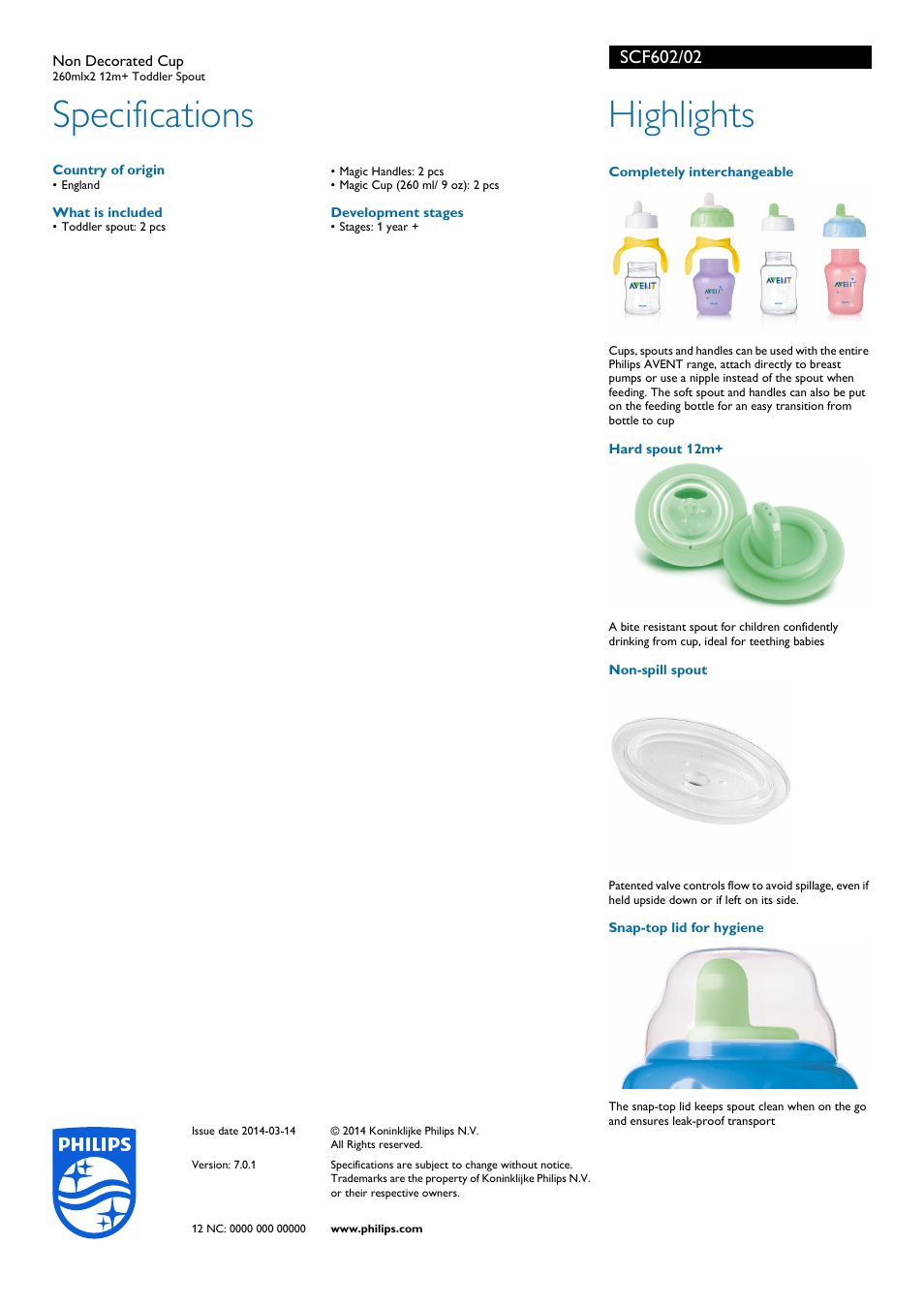 Specifications, Highlights | Philips SCF602-02 User Manual | Page 2 / 2