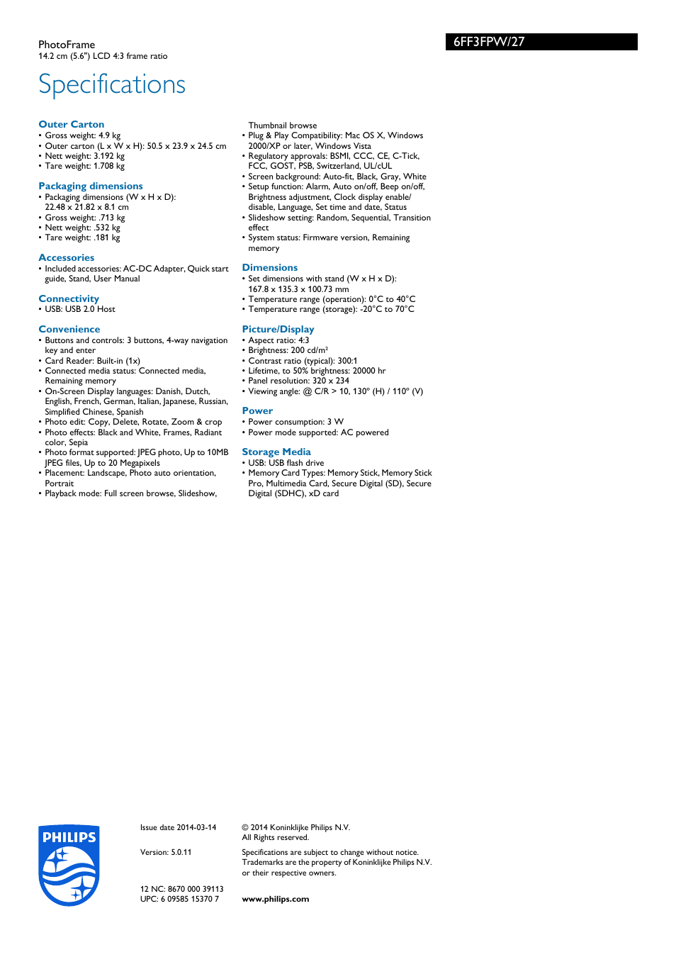 Specifications, 6ff3fpw/27 | Philips 6FF3FPW-27 User Manual | Page 3 / 3