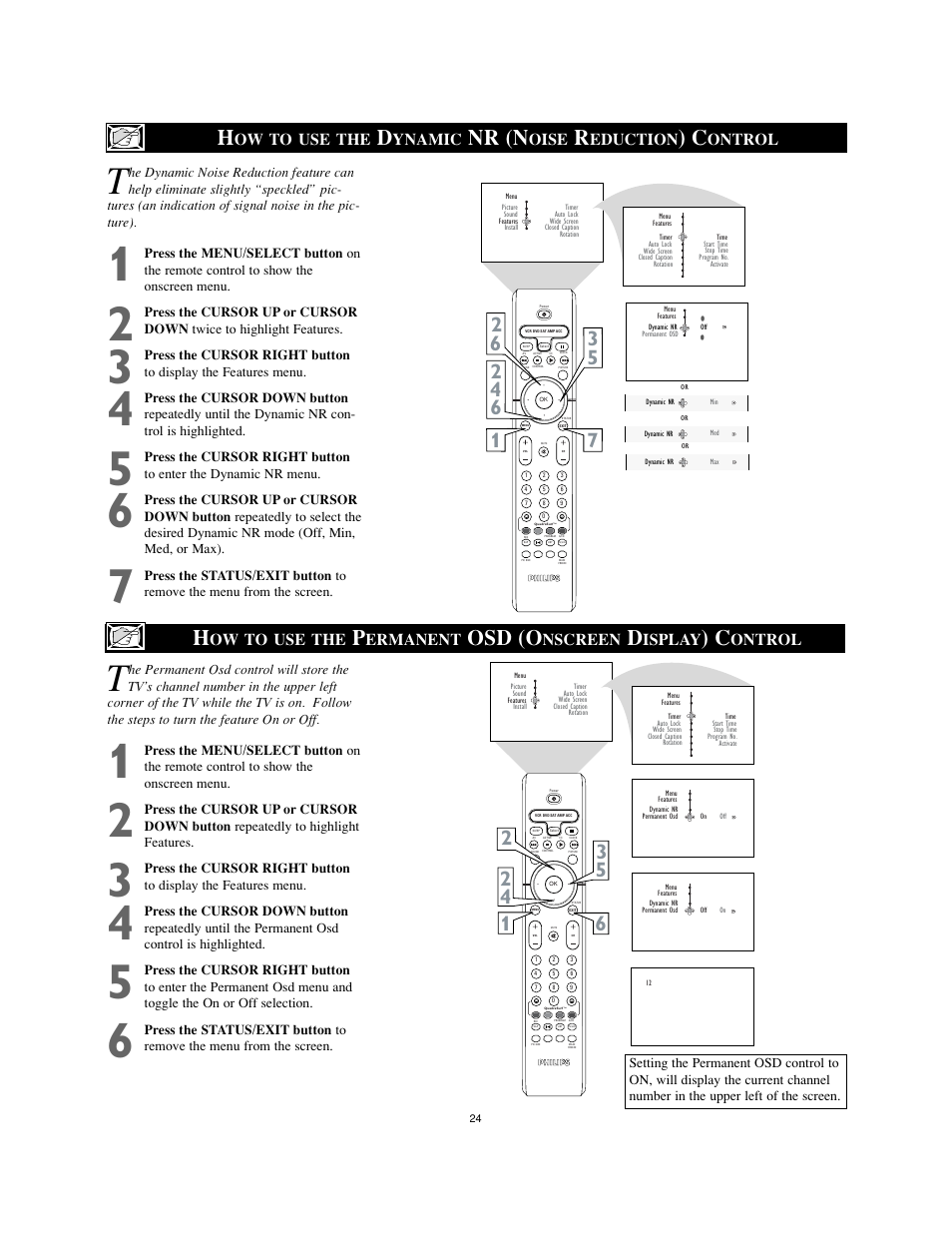 Nr (n, Osd (o, Ow to use the | Ynamic, Oise, Eduction, Ontrol, Ermanent, Nscreen, Isplay | Philips 34PW8502-37B User Manual | Page 24 / 39