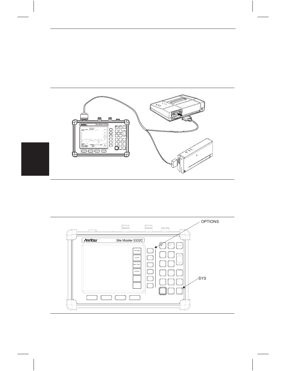 Printer switch set tings 3-11, Printing, Printing a screen | Key and the, Soft key (figure 3-5), Chapter 3 getting started, Options, Hold run, Marker save display recall display, Figure 3-4-. site master printer setup | Anritsu S331C User Manual | Page 51 / 95