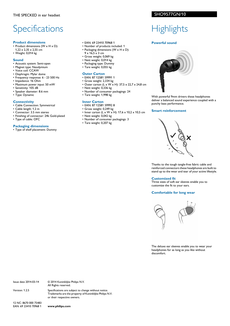 Specifications, Highlights | Philips SHO9577GN-10 User Manual | Page 2 / 2