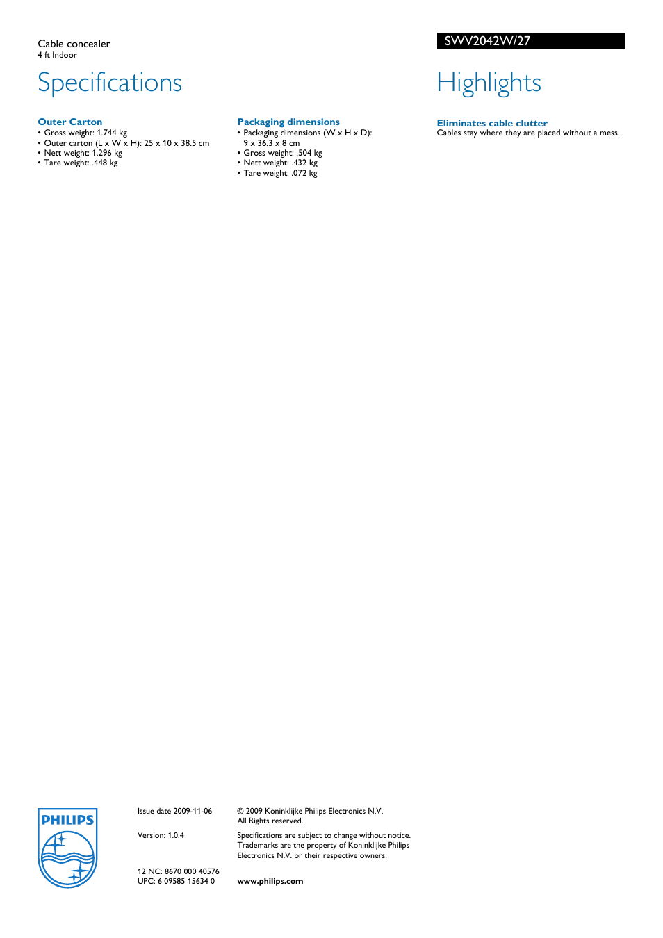 Specifications, Highlights | Philips SWV2042W-27 User Manual | Page 2 / 2