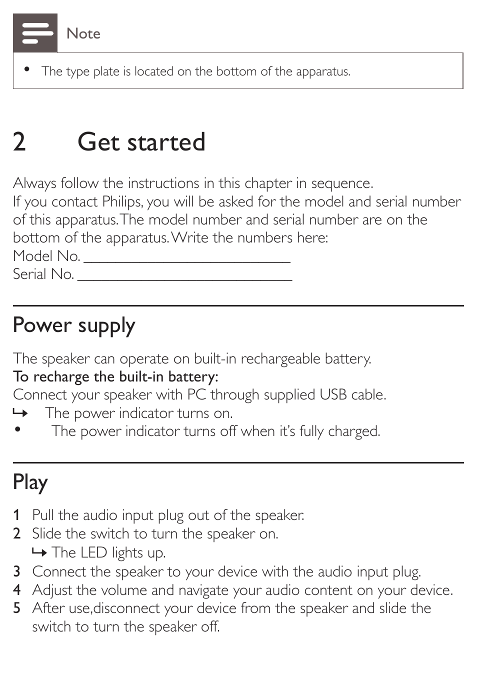 2get started, Power supply, Play | Philips SoundShooter Portable speaker SBA3005 Universal 3.5mm User Manual | Page 10 / 14