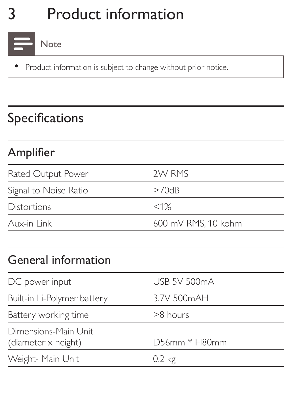 3product information, Specifications, Amplifier | General information | Philips SoundShooter Portable speaker SBA3005 Universal 3.5mm User Manual | Page 11 / 14