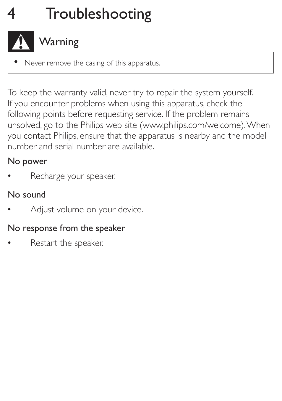 4 troubleshooting | Philips SoundShooter Portable speaker SBA3005 Universal 3.5mm User Manual | Page 12 / 14