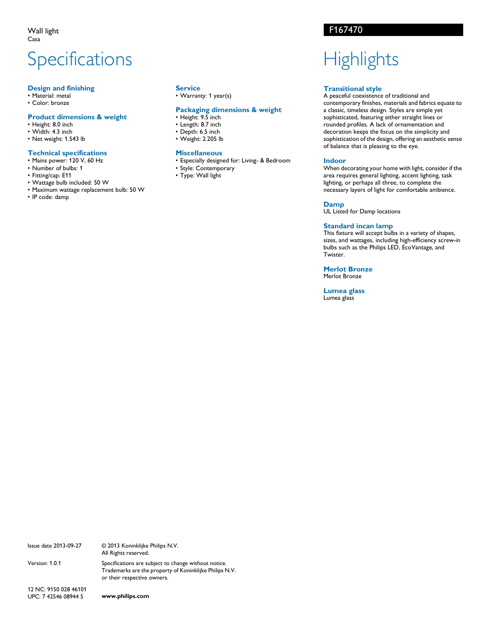 Specifications, Highlights | Philips F167470 User Manual | Page 2 / 2