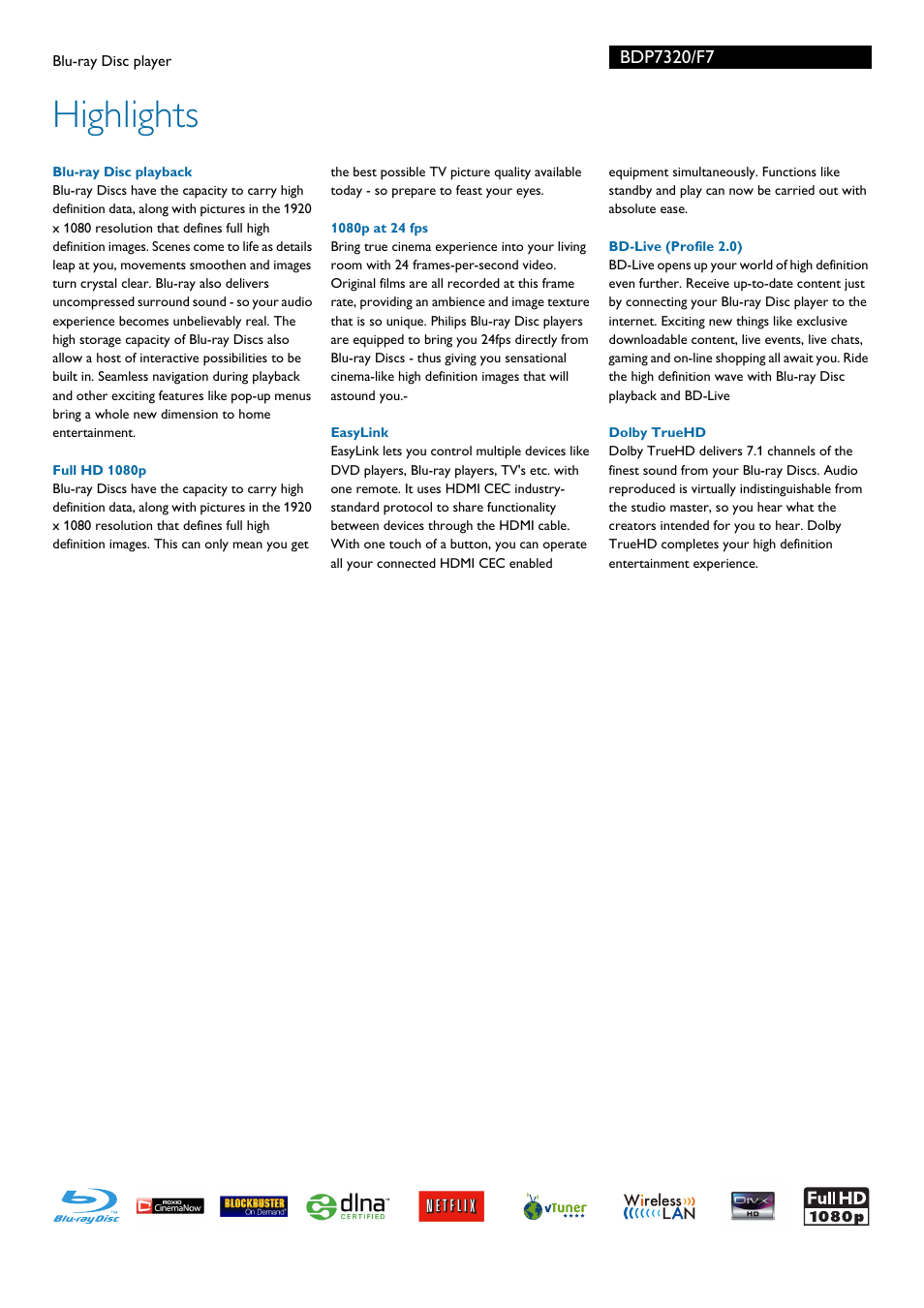 Highlights | Philips BDP7320-F7 User Manual | Page 2 / 3