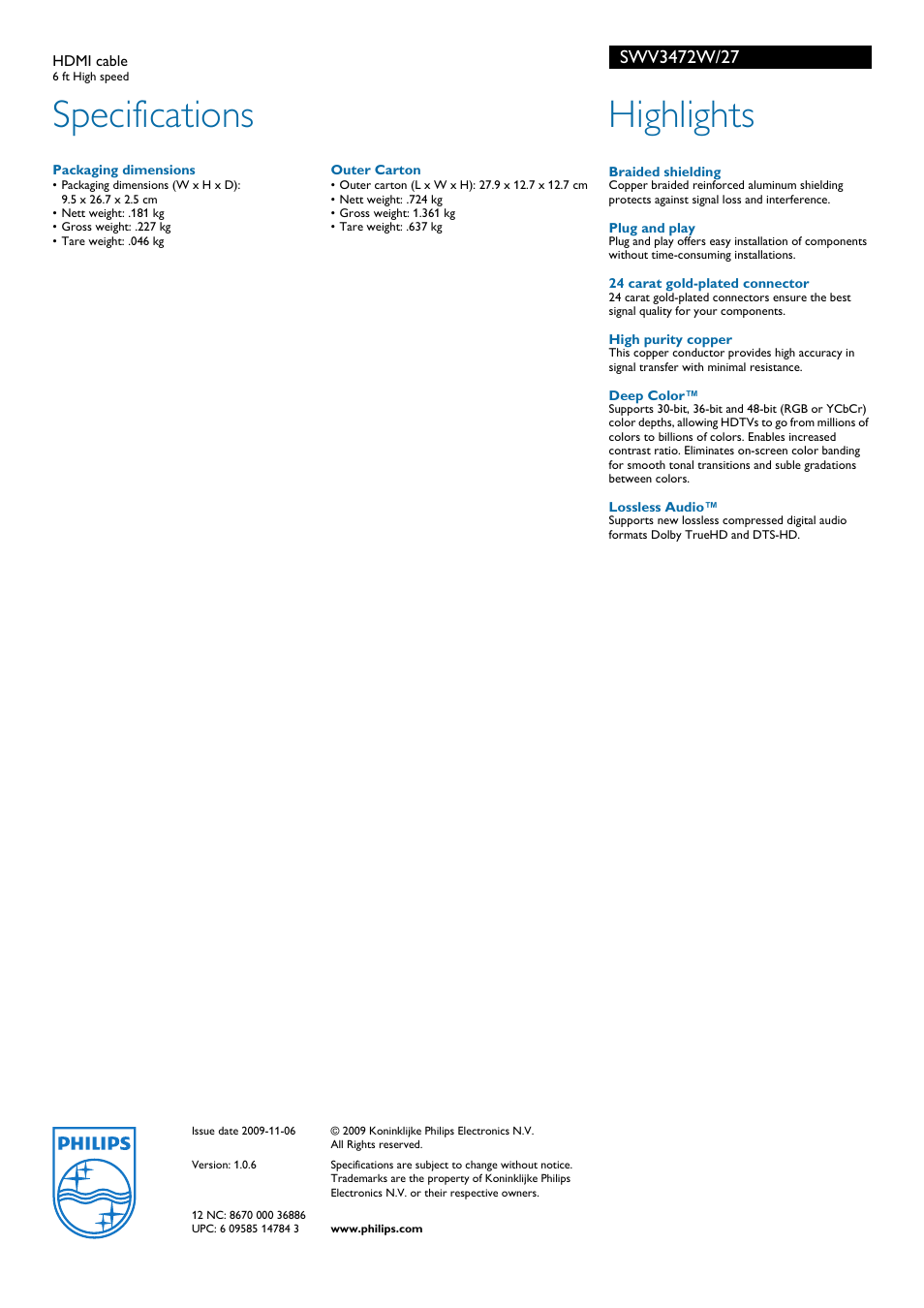 Specifications, Highlights | Philips SWV3472W-27 User Manual | Page 2 / 2