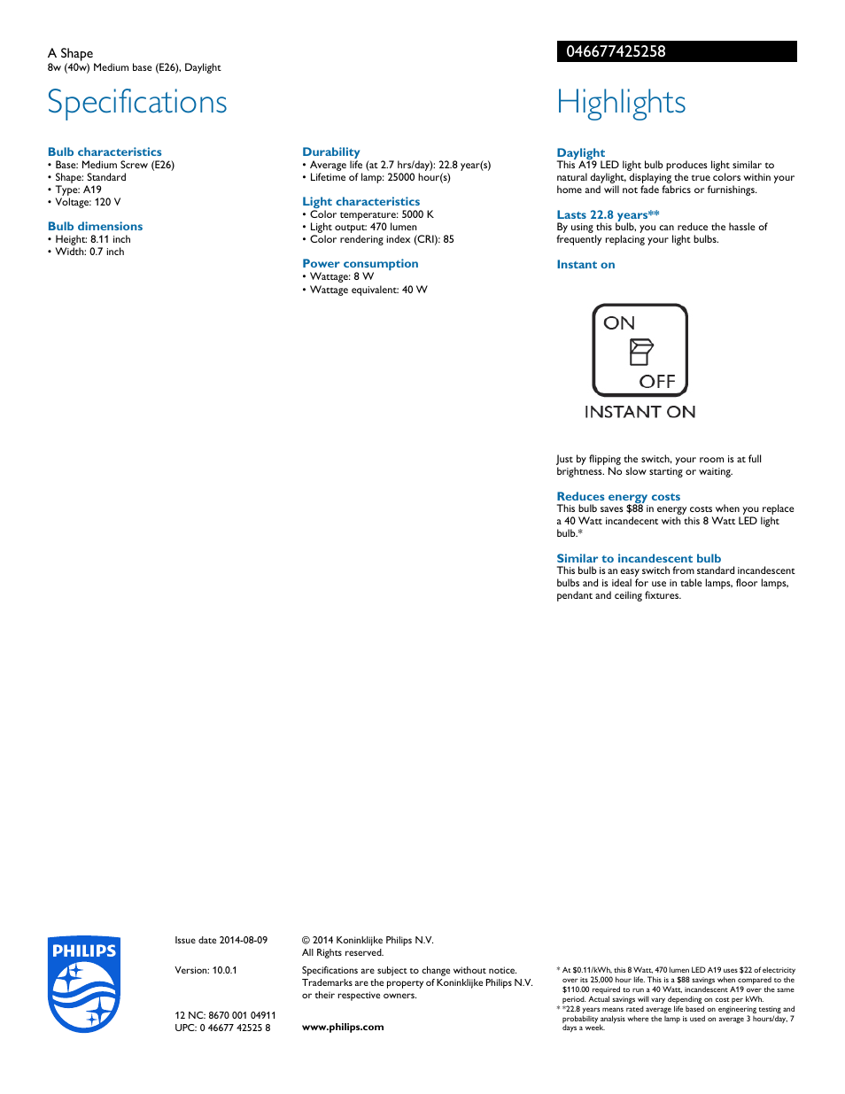 Specifications, Highlights | Philips 046677425258 User Manual | Page 2 / 2