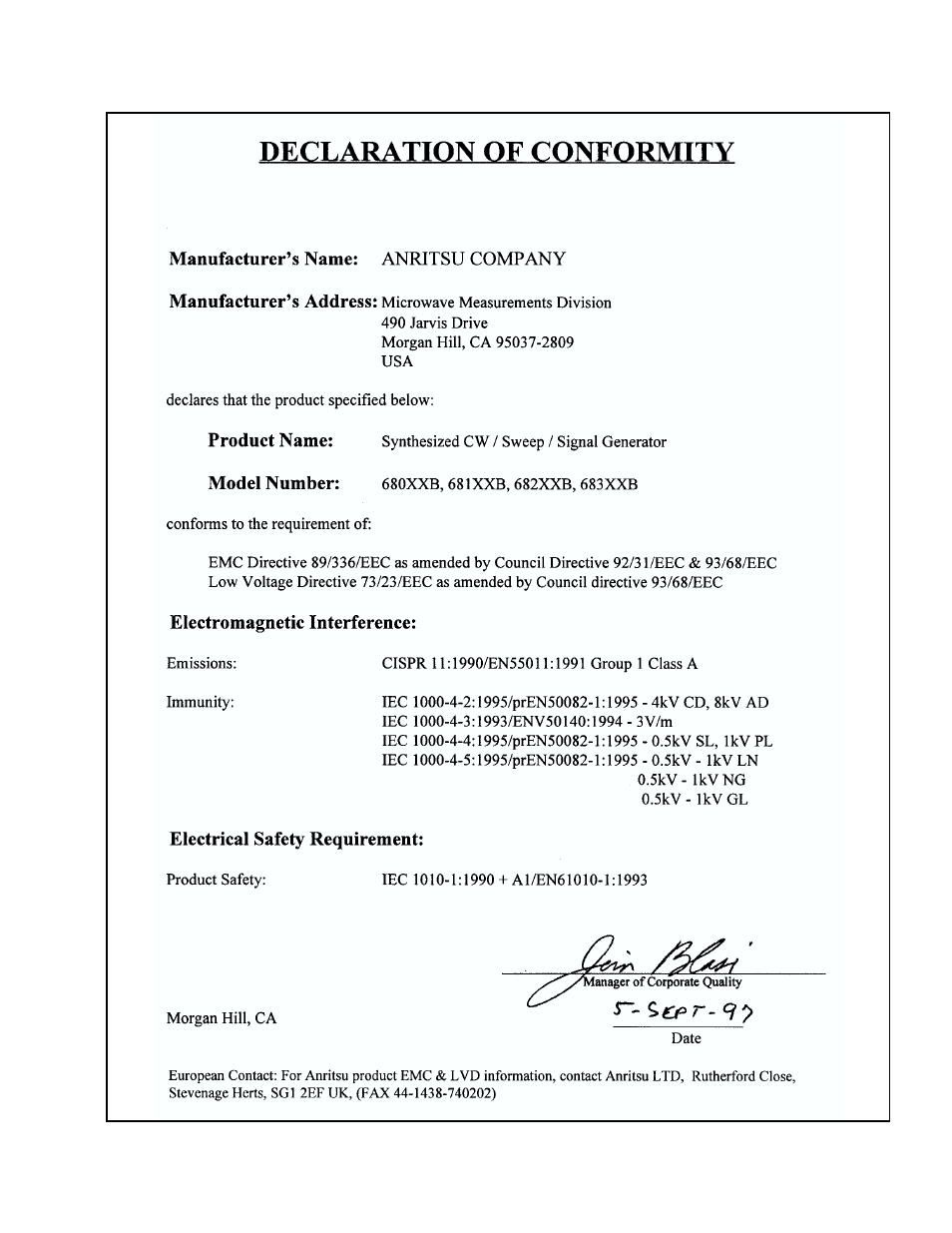 Declaration of conformity | Anritsu 682XXB User Manual | Page 3 / 514