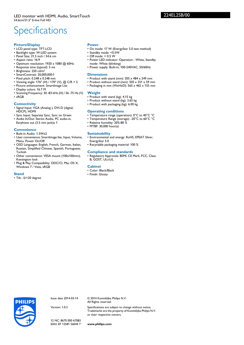 Specifications | Philips 224EL2SB-00 User Manual | Page 3 / 3