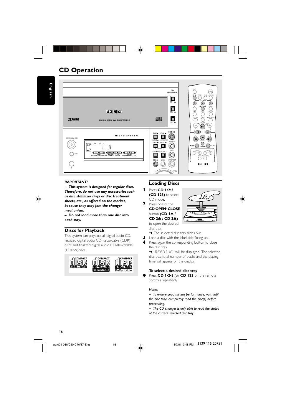 Cd operation, Discs for playback, Loading discs 1 | Disc 1 disc 2 disc 3 open•close, On/off | Philips MC503799 User Manual | Page 16 / 30
