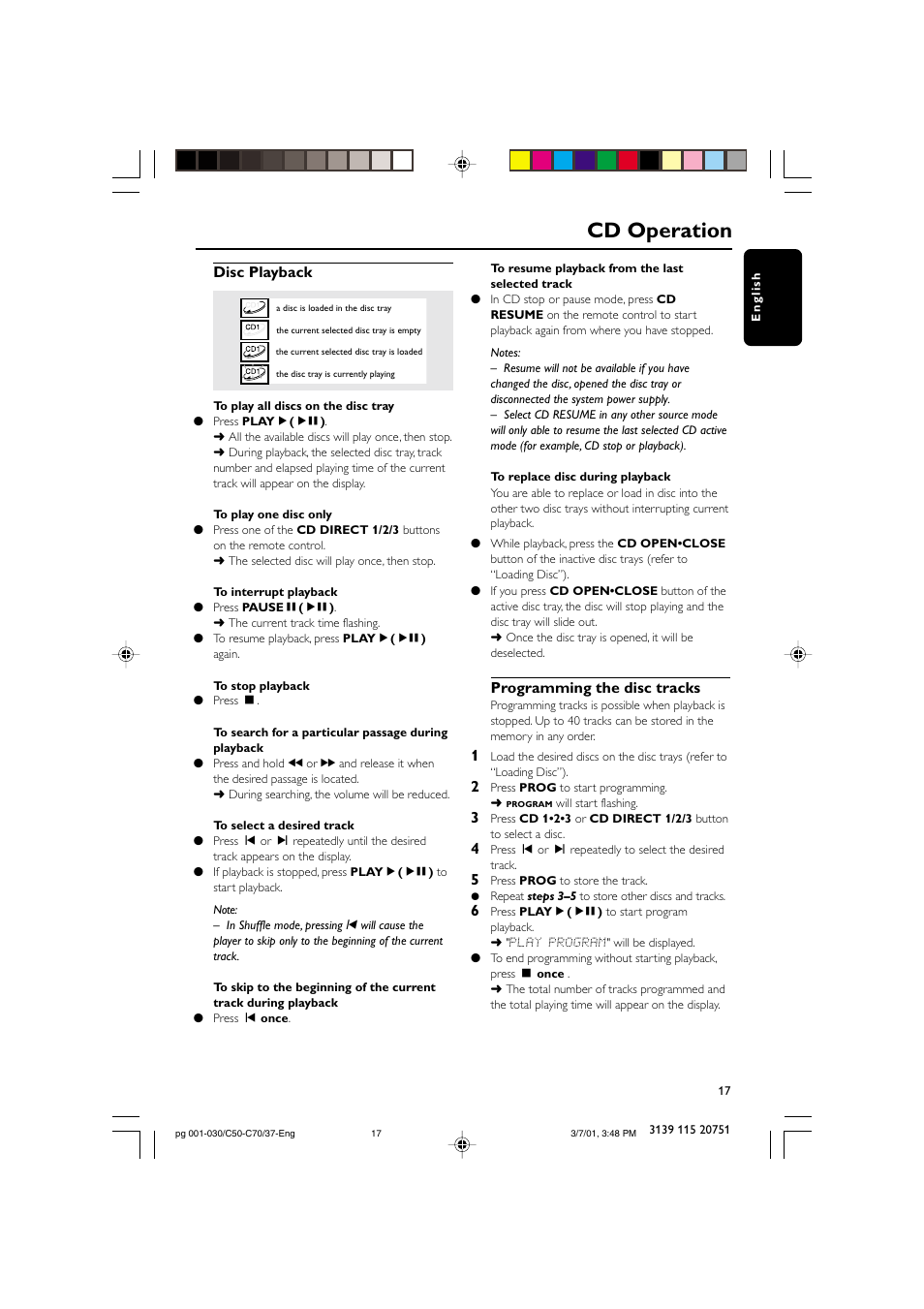 Cd operation, Disc playback, Programming the disc tracks | Philips MC503799 User Manual | Page 17 / 30