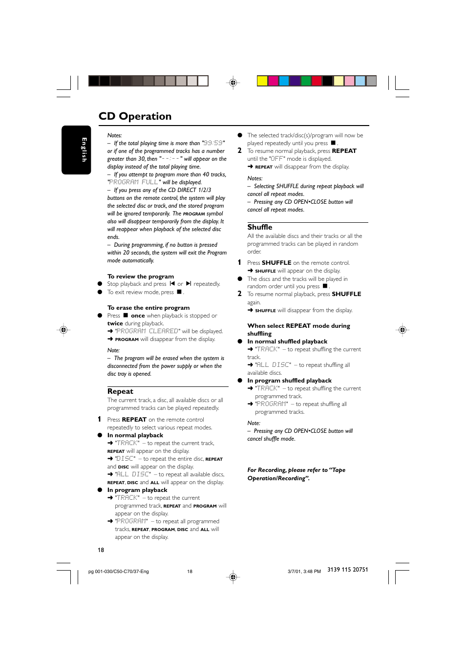 Cd operation, Repeat, Shuffle | Philips MC503799 User Manual | Page 18 / 30