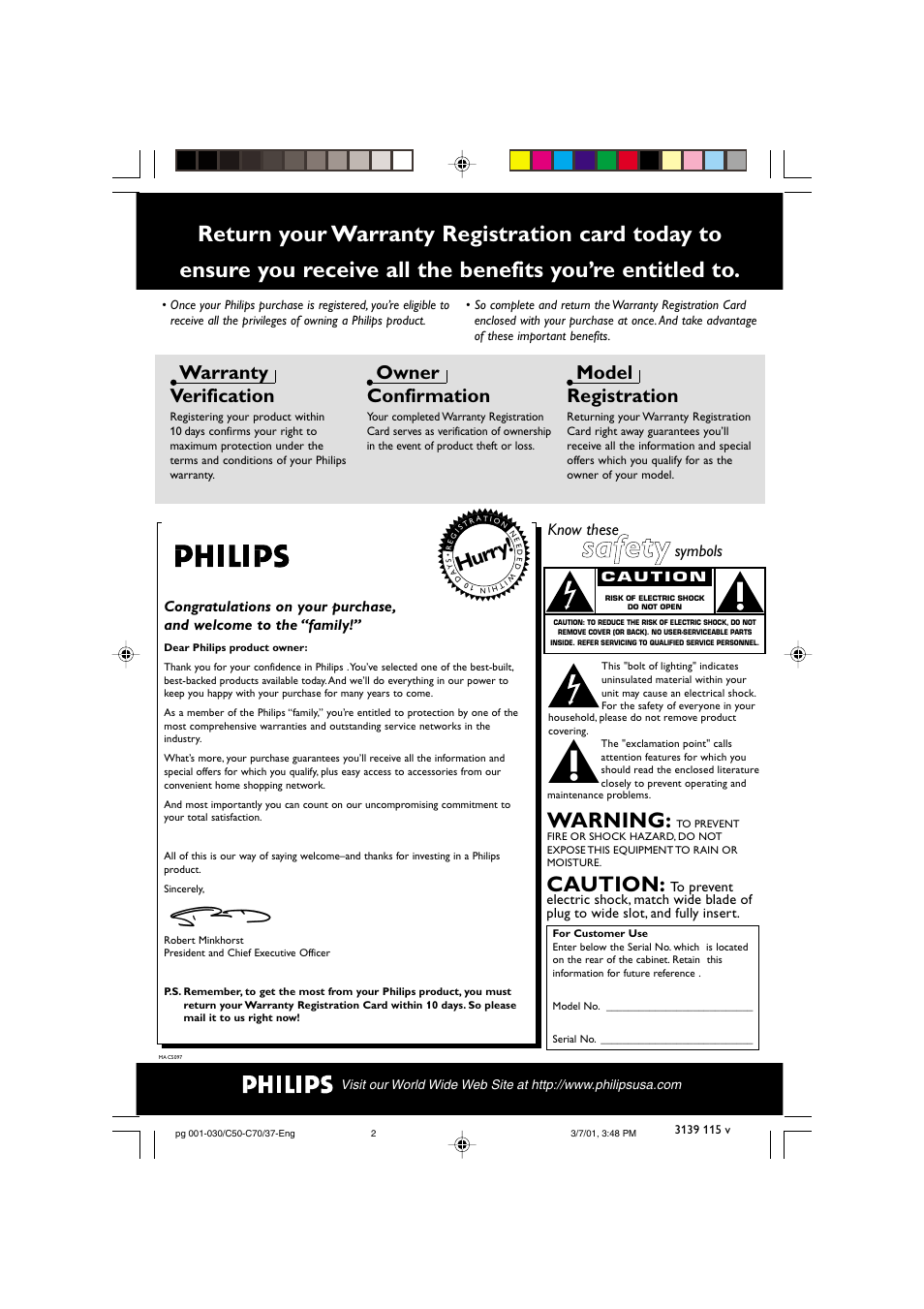Safety, Caution, Warning | Hur ry, Warranty verification, Owner confirmation, Model registration | Philips MC503799 User Manual | Page 2 / 30