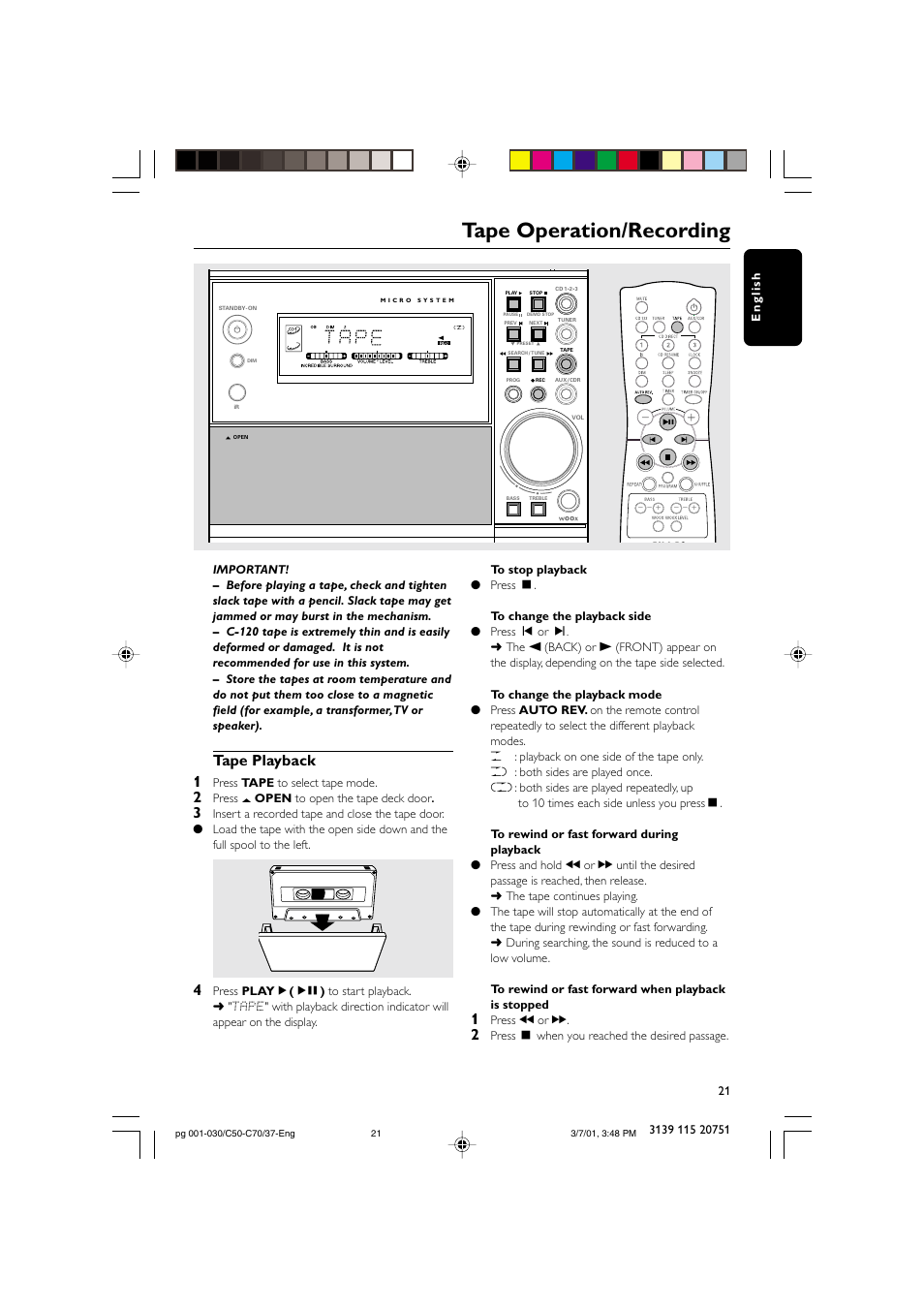 Tape operation/recording, Tape playback 1 | Philips MC503799 User Manual | Page 21 / 30