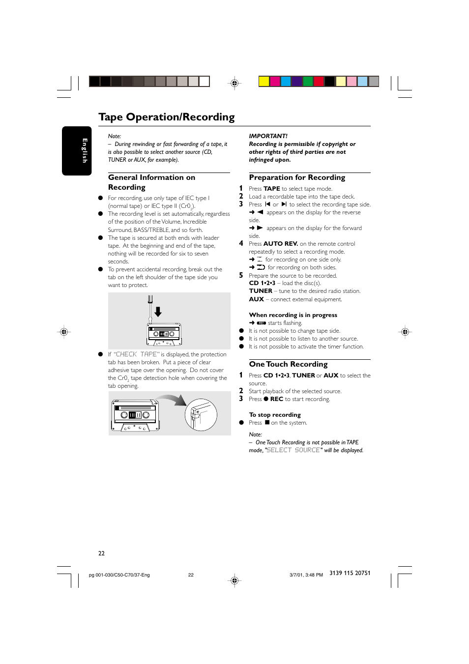 Tape operation/recording | Philips MC503799 User Manual | Page 22 / 30