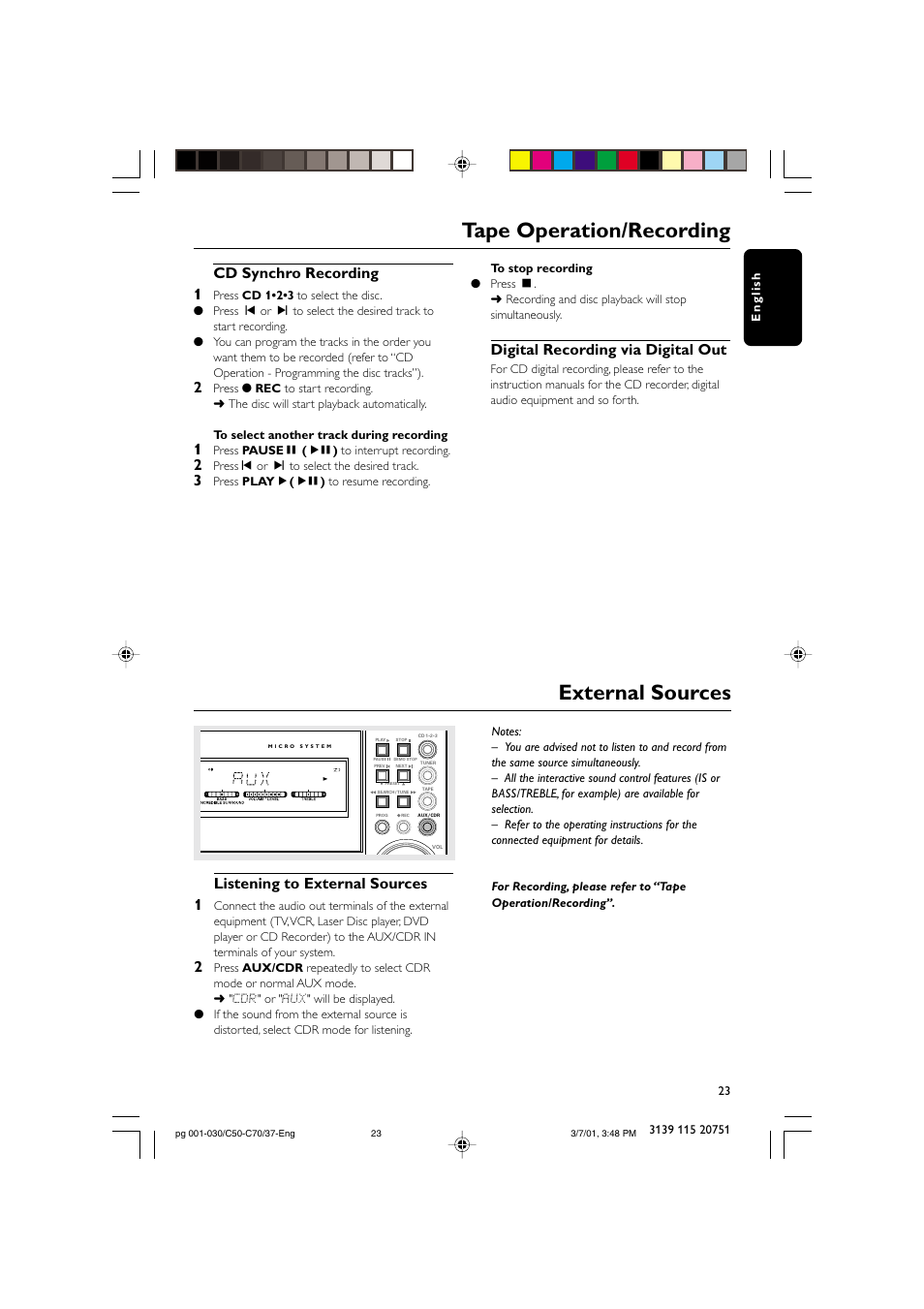 Tape operation/recording, External sources, Cd synchro recording 1 | Listening to external sources 1, Digital recording via digital out | Philips MC503799 User Manual | Page 23 / 30