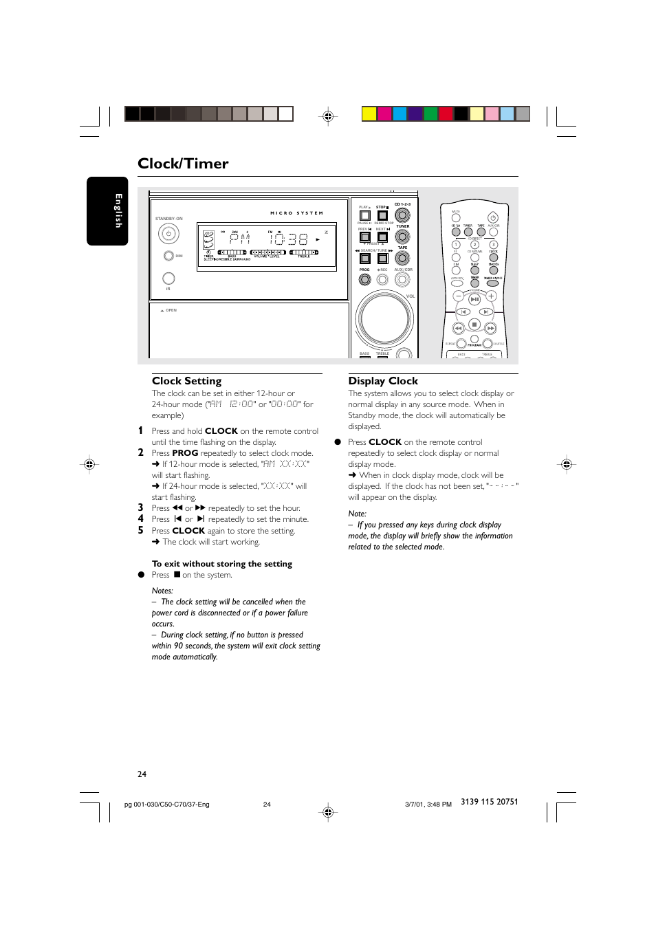 Clock/timer, Clock setting, Display clock | Philips MC503799 User Manual | Page 24 / 30