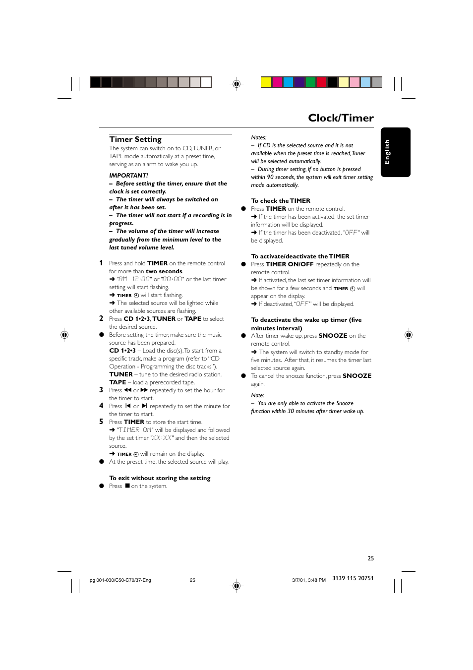 Clock/timer, Timer setting | Philips MC503799 User Manual | Page 25 / 30