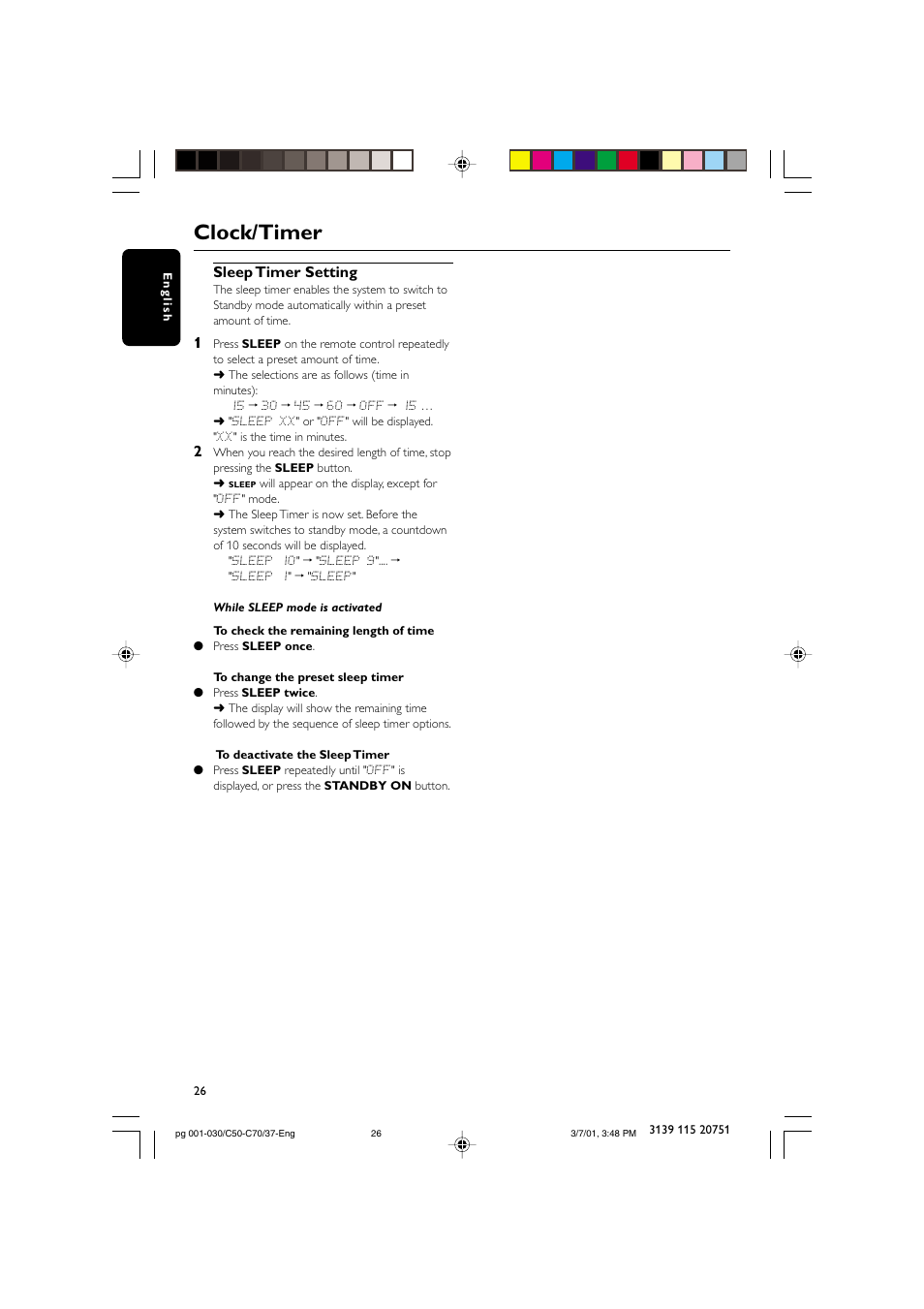 Clock/timer, Sleep timer setting | Philips MC503799 User Manual | Page 26 / 30