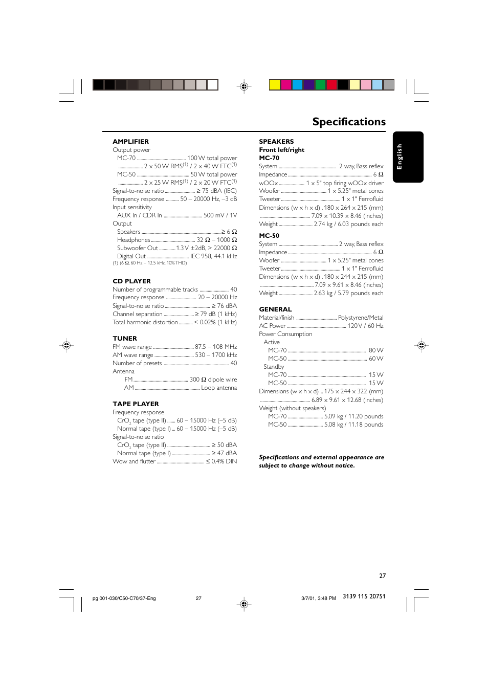 Specifications | Philips MC503799 User Manual | Page 27 / 30