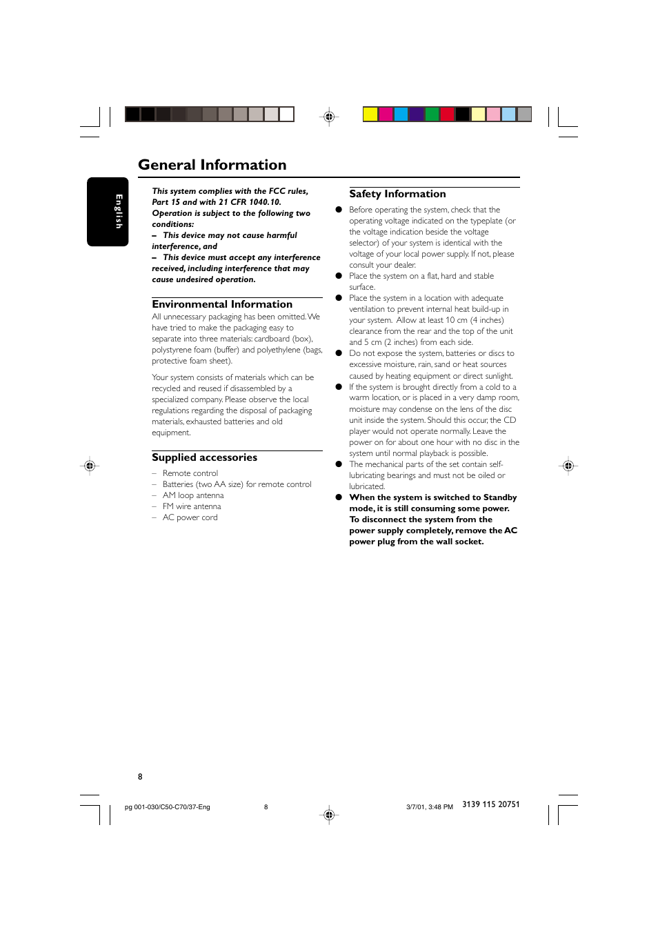 General information, Environmental information, Supplied accessories | Safety information | Philips MC503799 User Manual | Page 8 / 30