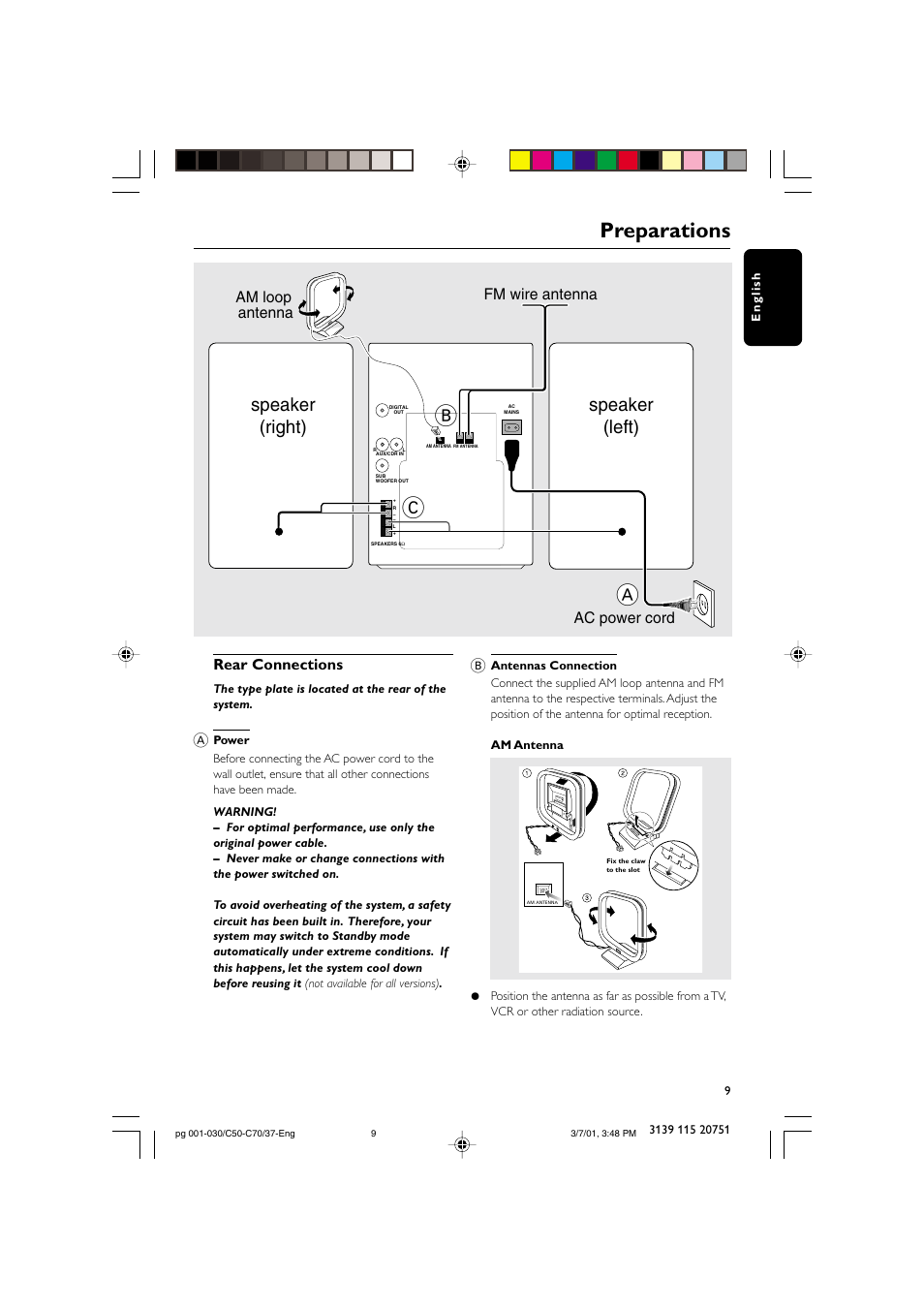 Preparations, Speaker (right) speaker (left), Rear connections | Fm wire antenna am loop antenna, Ac power cord | Philips MC503799 User Manual | Page 9 / 30
