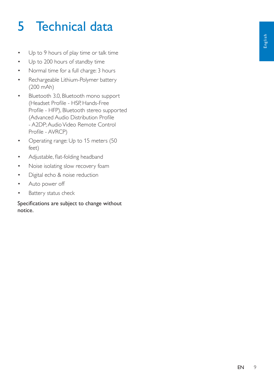 5 technical data | Philips SHB4000WT-28 User Manual | Page 11 / 14