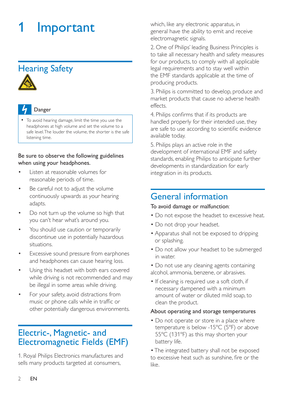 1 important, Hearing safety, General information | Electric-, magnetic- and, Electromagnetic fields (emf) | Philips SHB4000WT-28 User Manual | Page 4 / 14