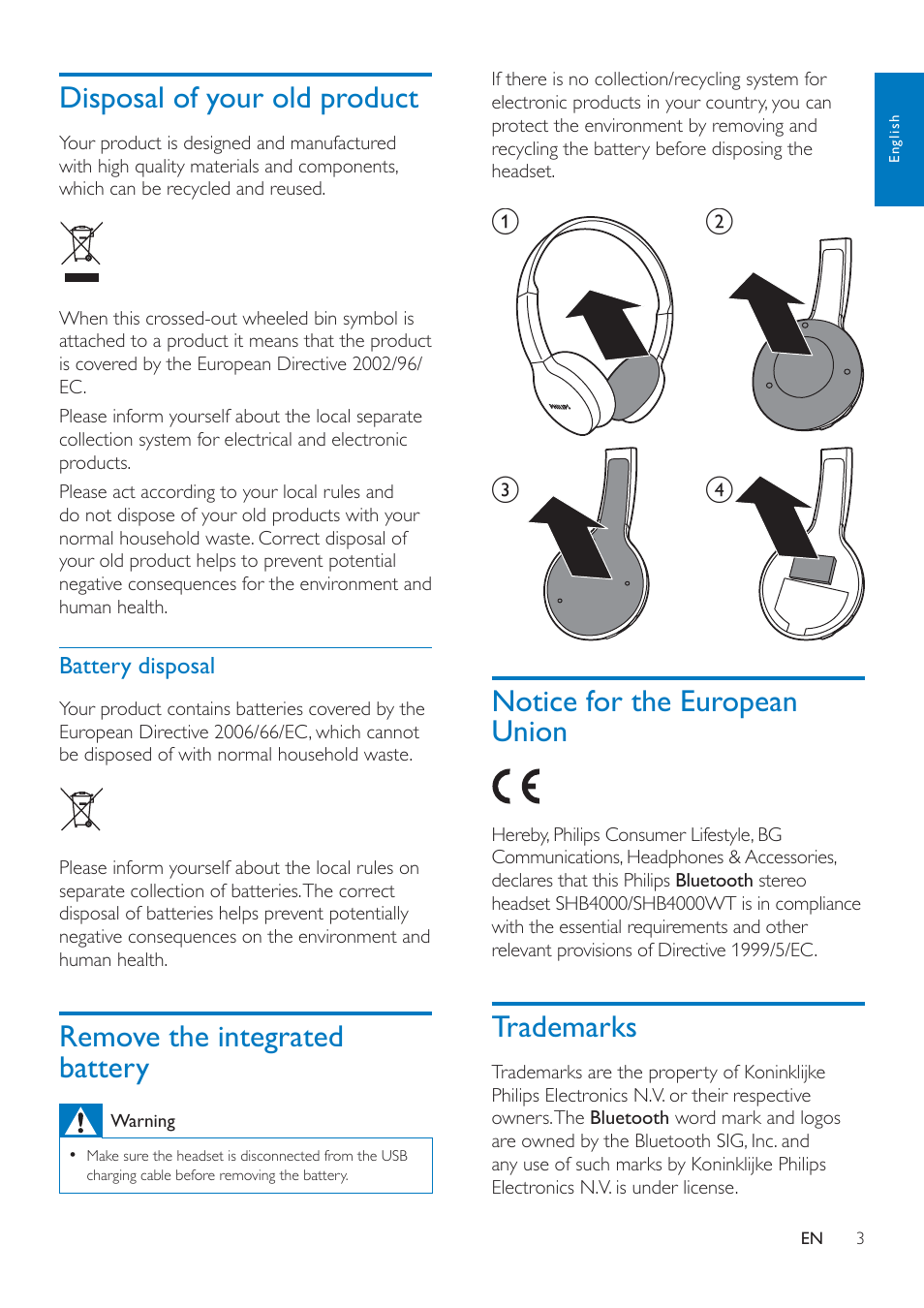 Disposal of your old product, Remove the integrated battery, Notice for the european union | Trademarks, Trademarks 3 | Philips SHB4000WT-28 User Manual | Page 5 / 14