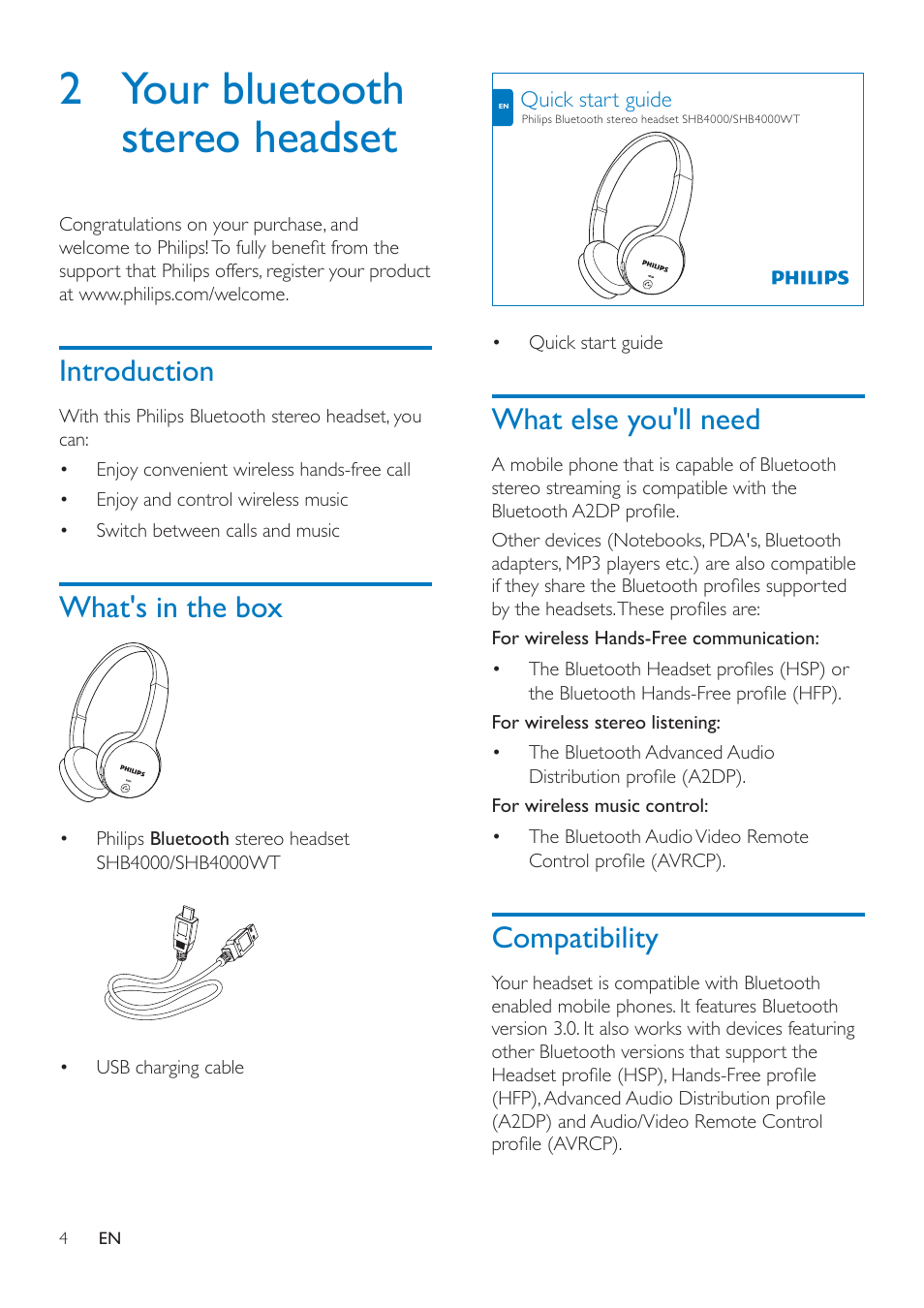 2 your bluetooth stereo headset, Introduction, What's in the box | What else you'll need, Compatibility, Introduction 4, Compatibility 4 | Philips SHB4000WT-28 User Manual | Page 6 / 14