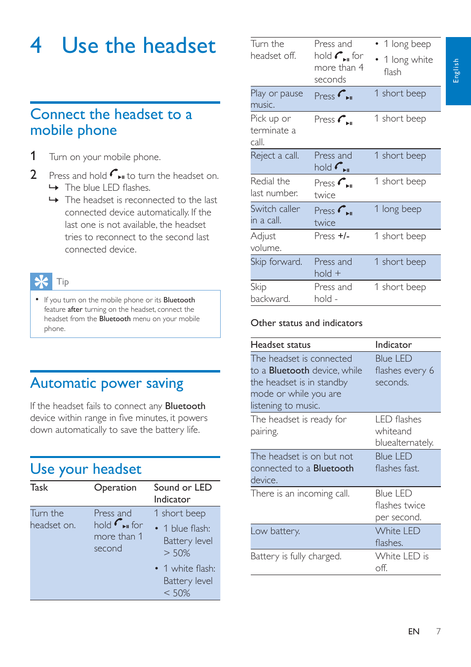 4 use the headset, Connect the headset to a mobile phone, Automatic power saving | Use your headset, Connect the headset to a mobile phone 7 | Philips SHB4000WT-28 User Manual | Page 9 / 14