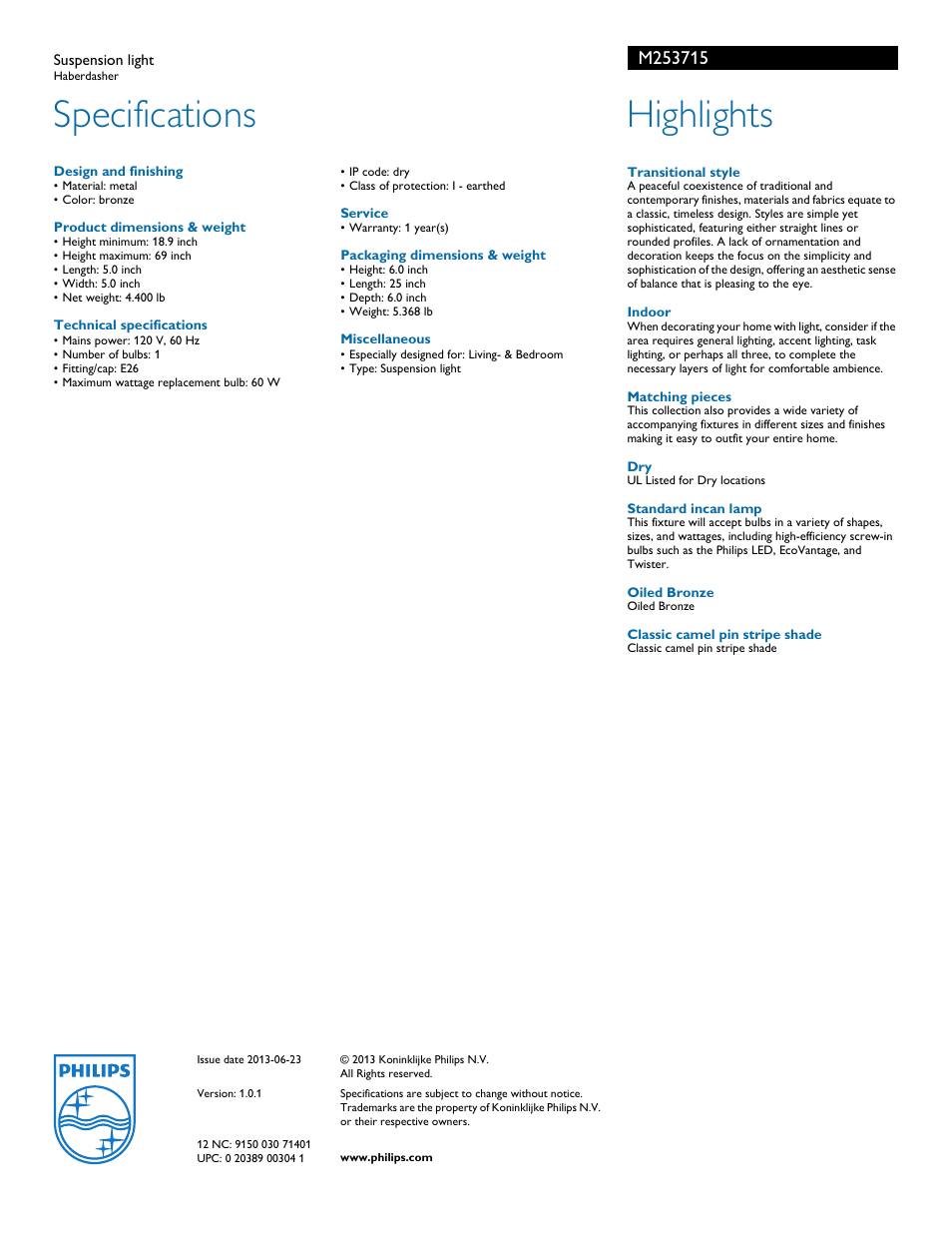 Specifications, Highlights | Philips Forecast Suspension light M2537-15- Haberdasher User Manual | Page 2 / 2
