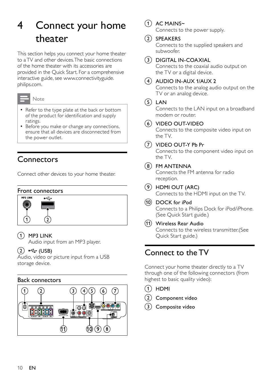 4 connect your home theater, Connect to the tv, Connectors | Philips HTS5580W-F7 User Manual | Page 12 / 34