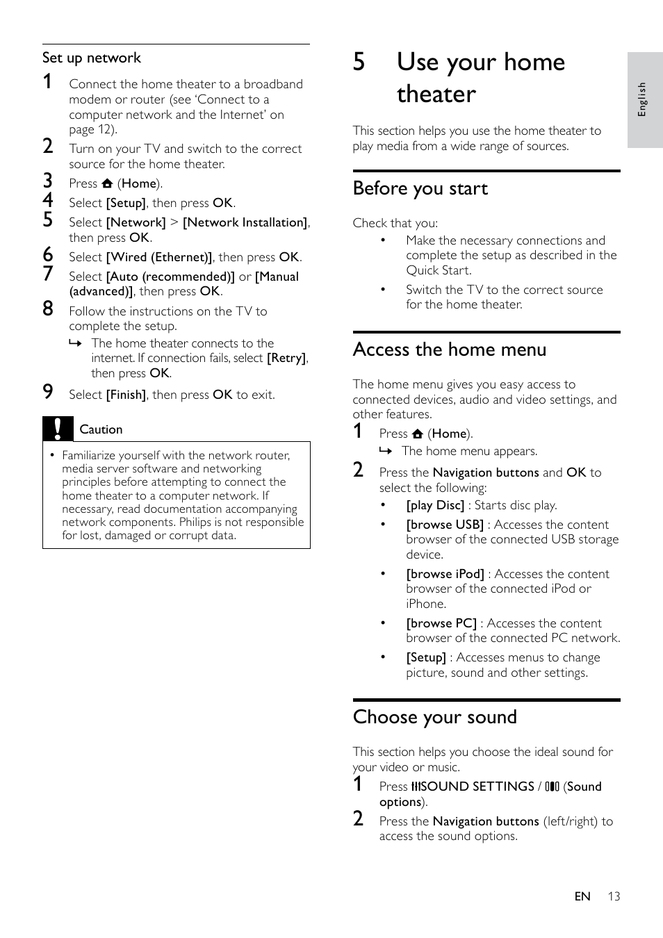 Connect to the tv, Connect audio from tv or other devices, Option 1: connect to the tv through hdmi | 5 use your home theater, Before you start, Access the home menu, Choose your sound | Philips HTS5580W-F7 User Manual | Page 15 / 34